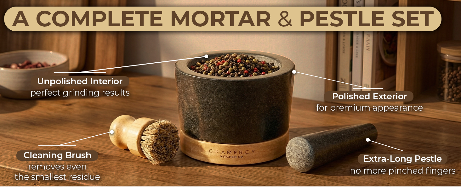 Gramercy Mortar and Pestle Set – Heavy Duty Granite Stone Grinder with Stable Bamboo Base, Extra Long Pestle & Cleaning Brush - Ideal Guacamole Bowl, Herb Grinder & Molcajete Bowl, 1.5-Cup - Custom Image