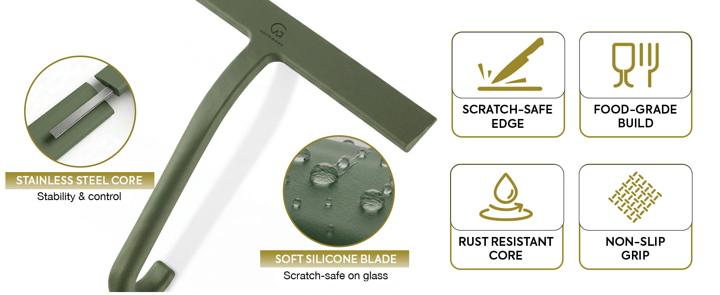 GÜTEWERK Shower Squeegee for Glass Doors – Bathroom Squeegee for Shower Glass & Tile Walls, Streak-Free & No-Squeak Silicone Blade, Stainless Steel Core, Hang Hook + Suction Cup, Green, 10 Inch - Custom Image