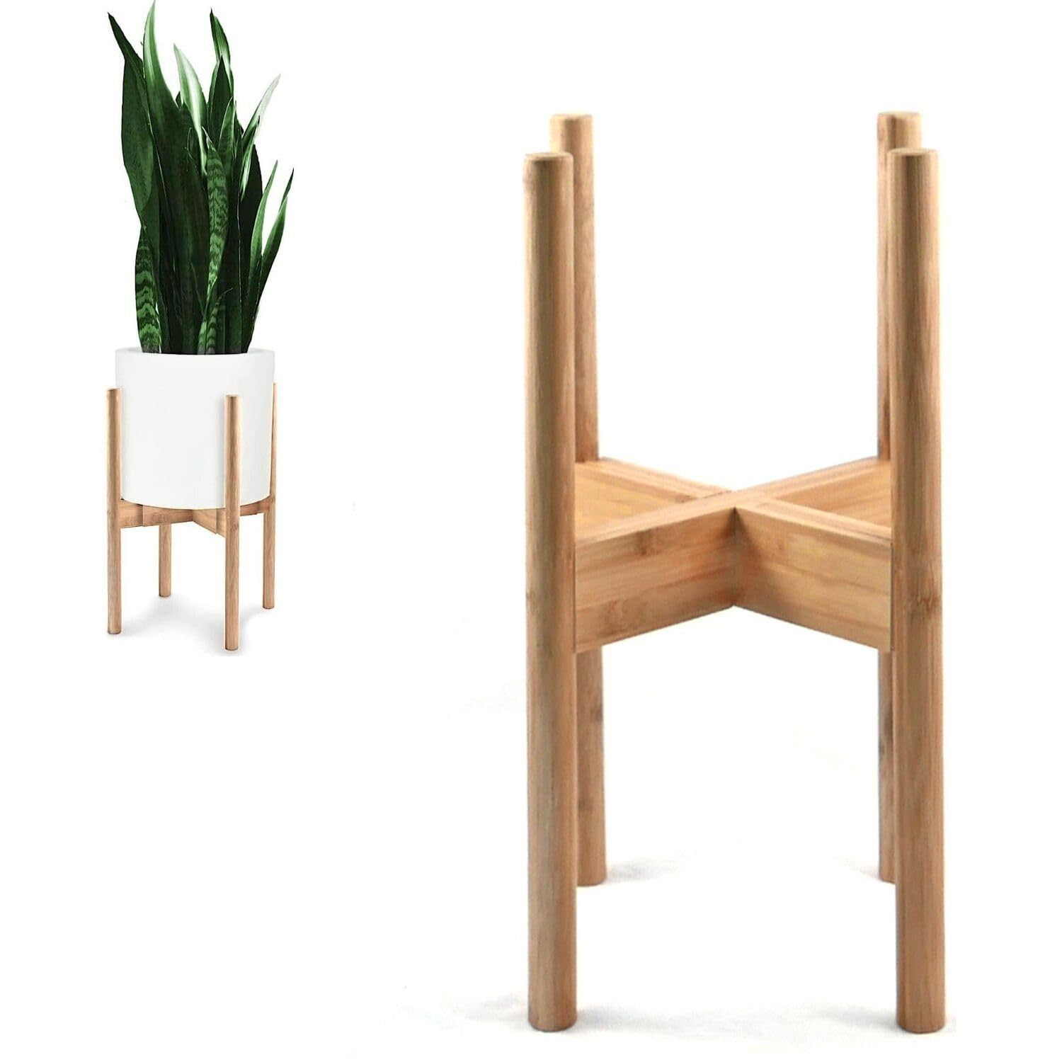 Fox & Fern Mid Century Plant Stand — 10 Inch Fixed Size Wooden Plant Stand for Indoor Planters (Not Included) - Raised Flower Pot Holder for Indoors - Plug In Design - Two Height Options - Acacia