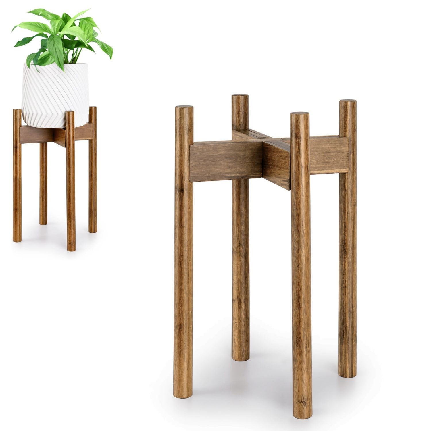 Fox & Fern Mid Century Plant Stand — 10 Inch Fixed Size Wooden Plant Stand for Indoor Planters (Not Included) - Raised Flower Pot Holder for Indoors - Plug In Design - Two Height Options - Acacia