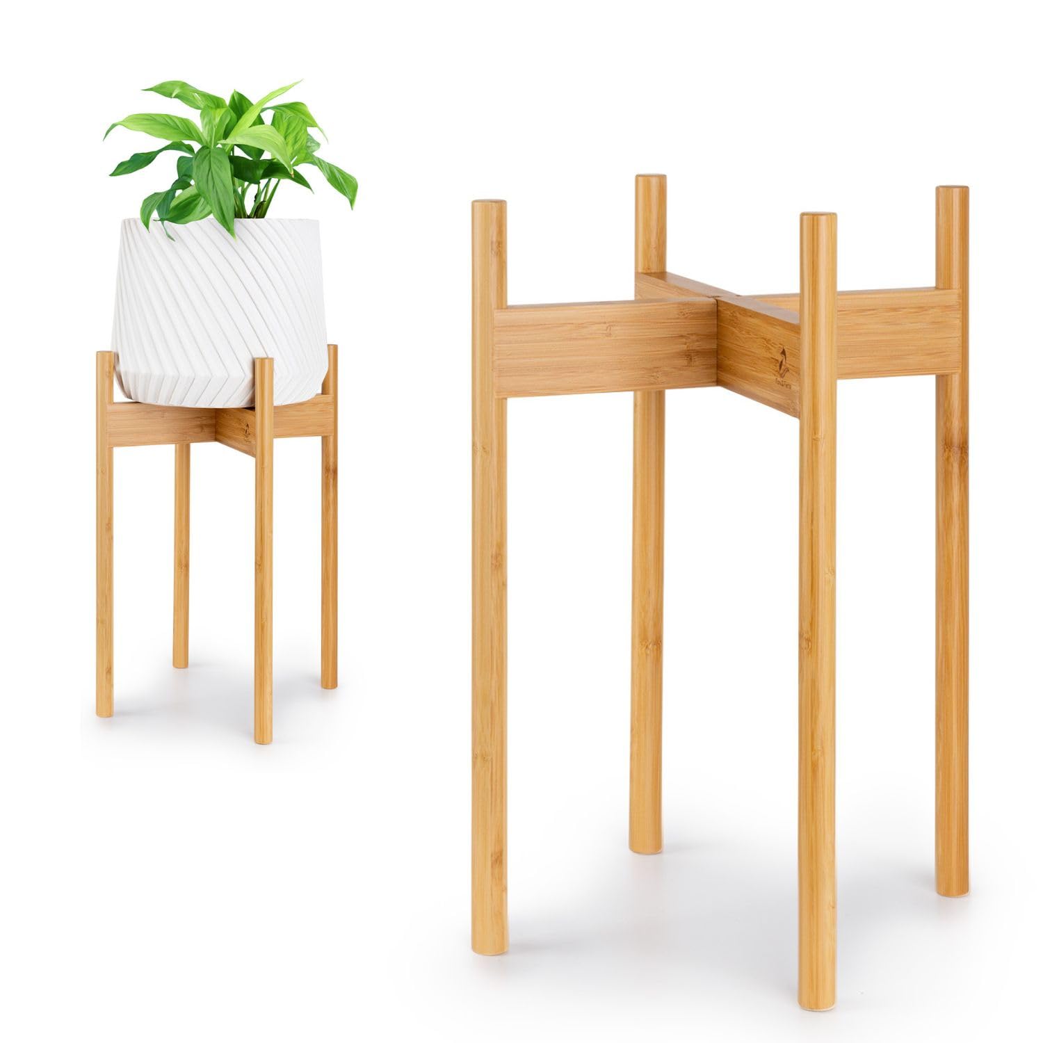 Fox & Fern Mid Century Plant Stand — 10 Inch Fixed Size Wooden Plant Stand for Indoor Planters (Not Included) - Raised Flower Pot Holder for Indoors - Plug In Design - Two Height Options - Acacia