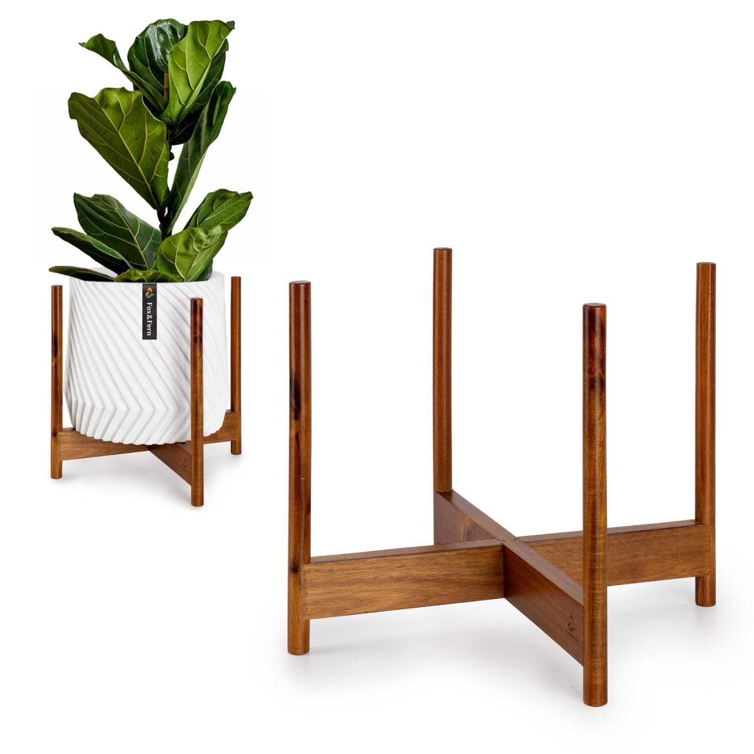 Fox & Fern Mid Century Plant Stand — 10 Inch Fixed Size Wooden Plant Stand for Indoor Planters (Not Included) - Raised Flower Pot Holder for Indoors - Plug In Design - Two Height Options - Acacia