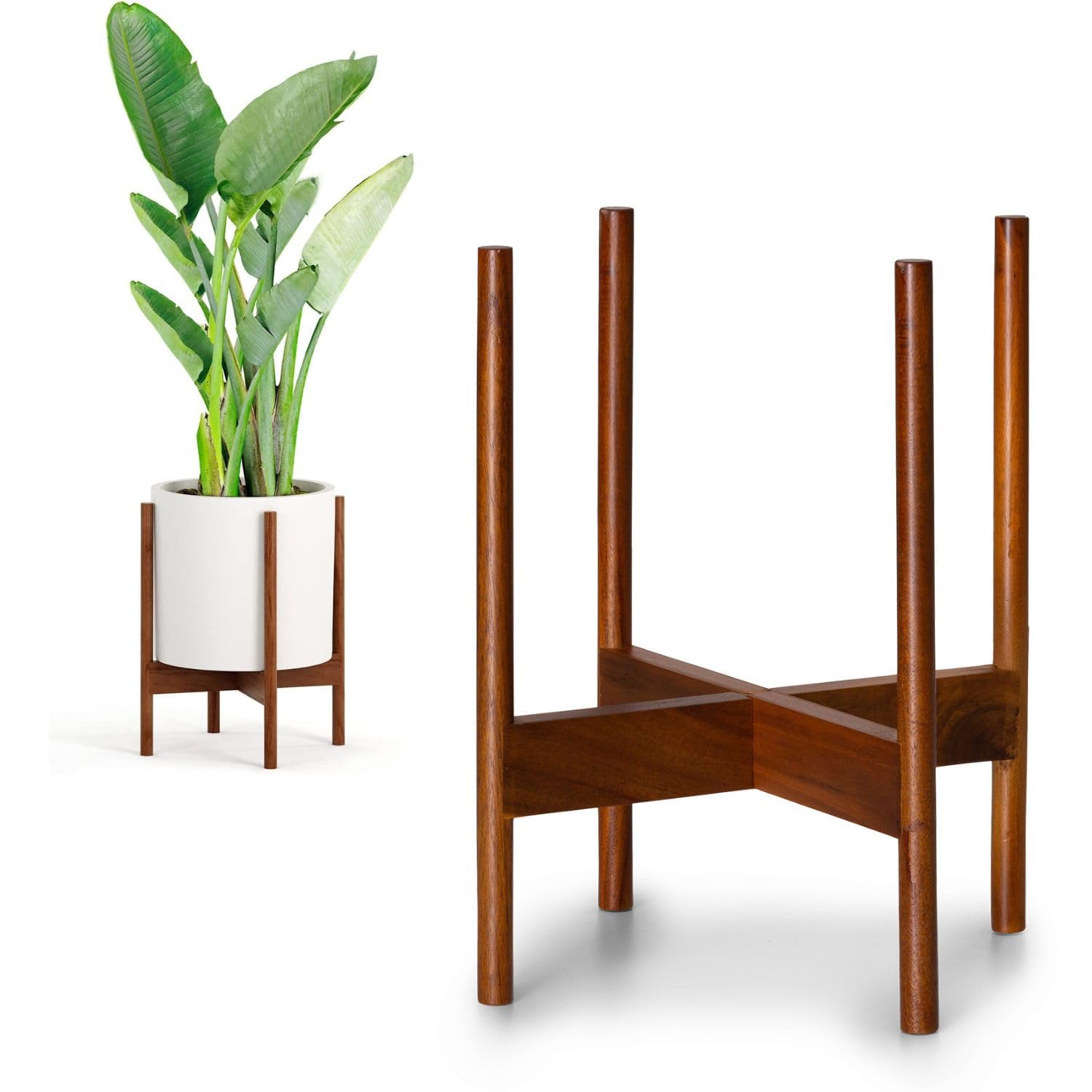Fox & Fern Mid Century Plant Stand — 10 Inch Fixed Size Wooden Plant Stand for Indoor Planters (Not Included) - Raised Flower Pot Holder for Indoors - Plug In Design - Two Height Options - Acacia