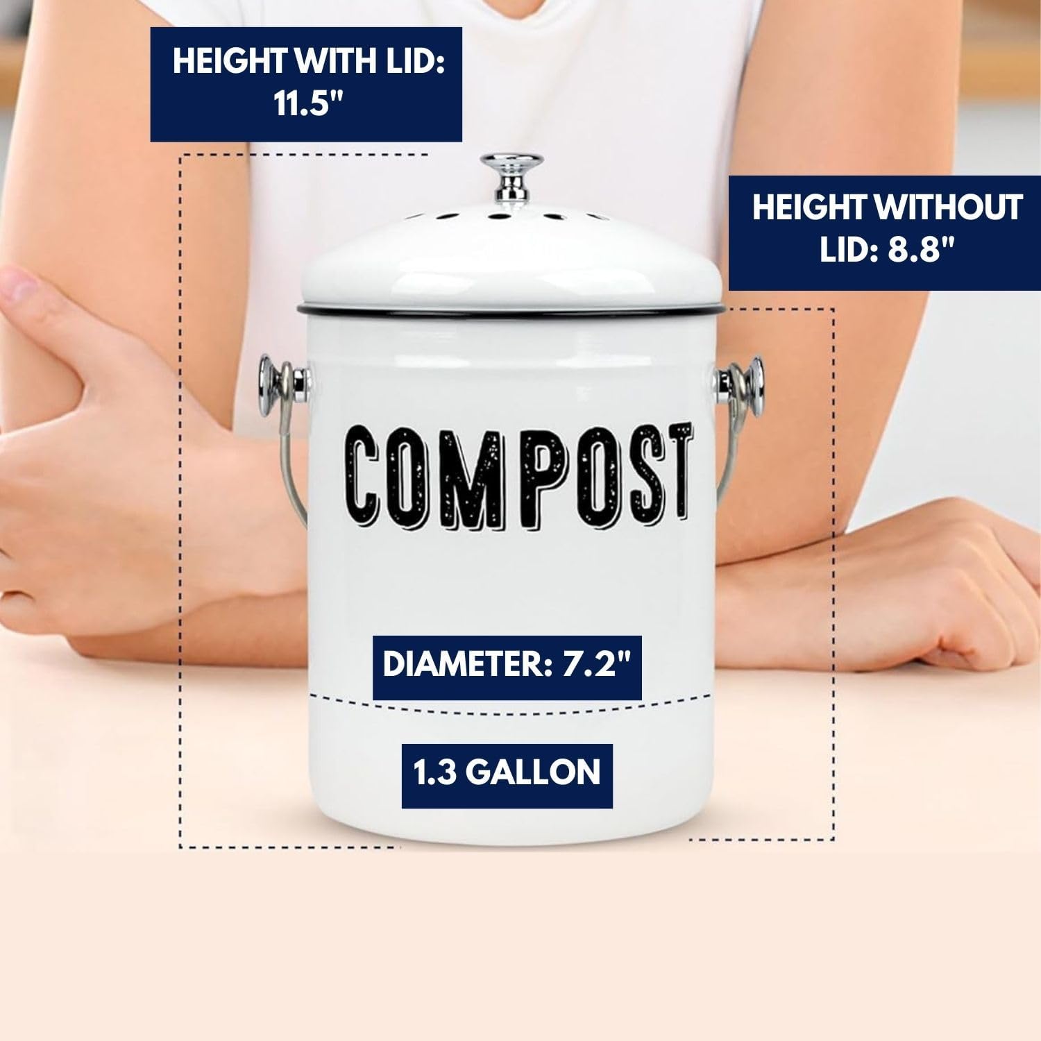 Granrosi Countertop Compost Bin Kitchen, 1.3 Gallon Stainless Steel Indoor Compost Bucket with Lid – Farmhouse Design, Odorless & Rust-Free Counter Pail with Carry Handle and 3 Charcoal Filters