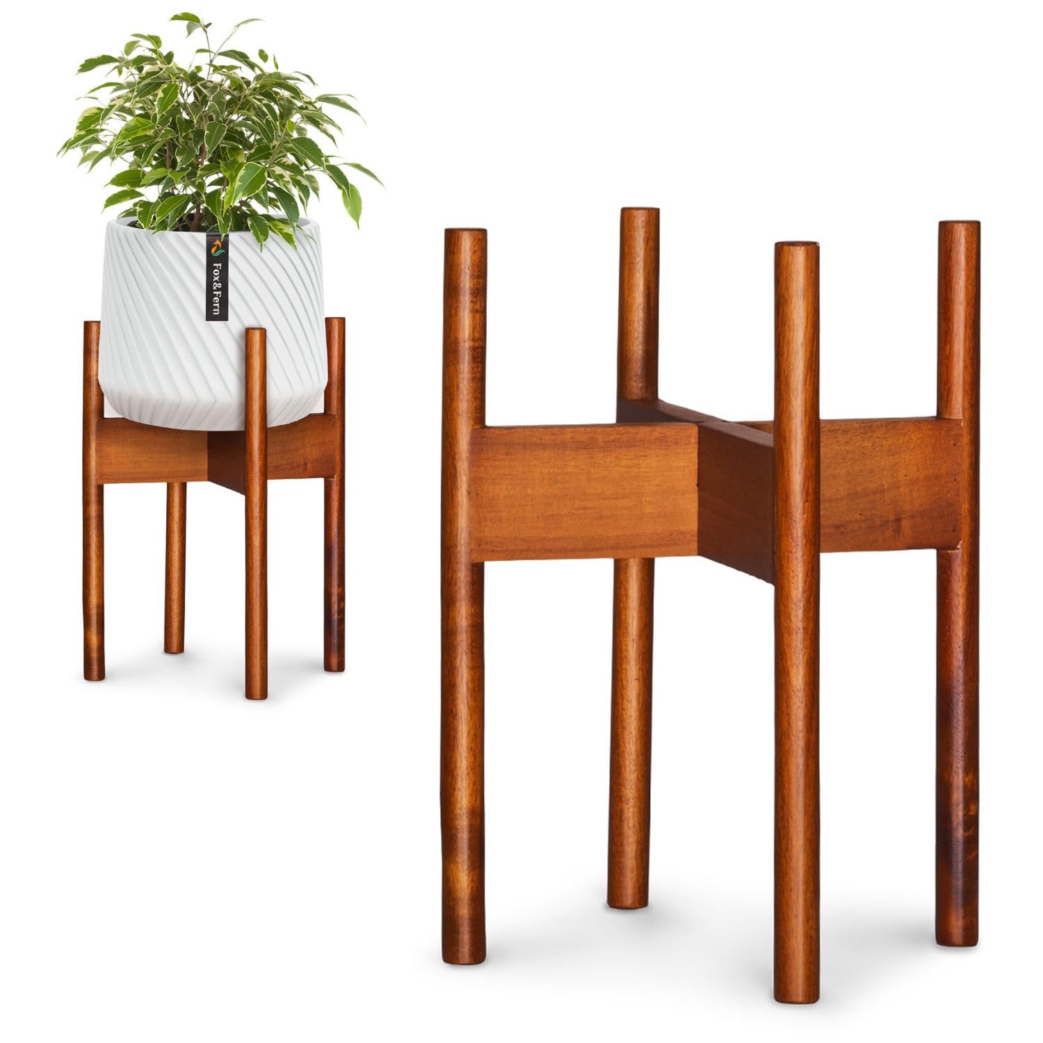 Fox & Fern Mid Century Plant Stand — 10 Inch Fixed Size Wooden Plant Stand for Indoor Planters (Not Included) - Raised Flower Pot Holder for Indoors - Plug In Design - Two Height Options - Acacia