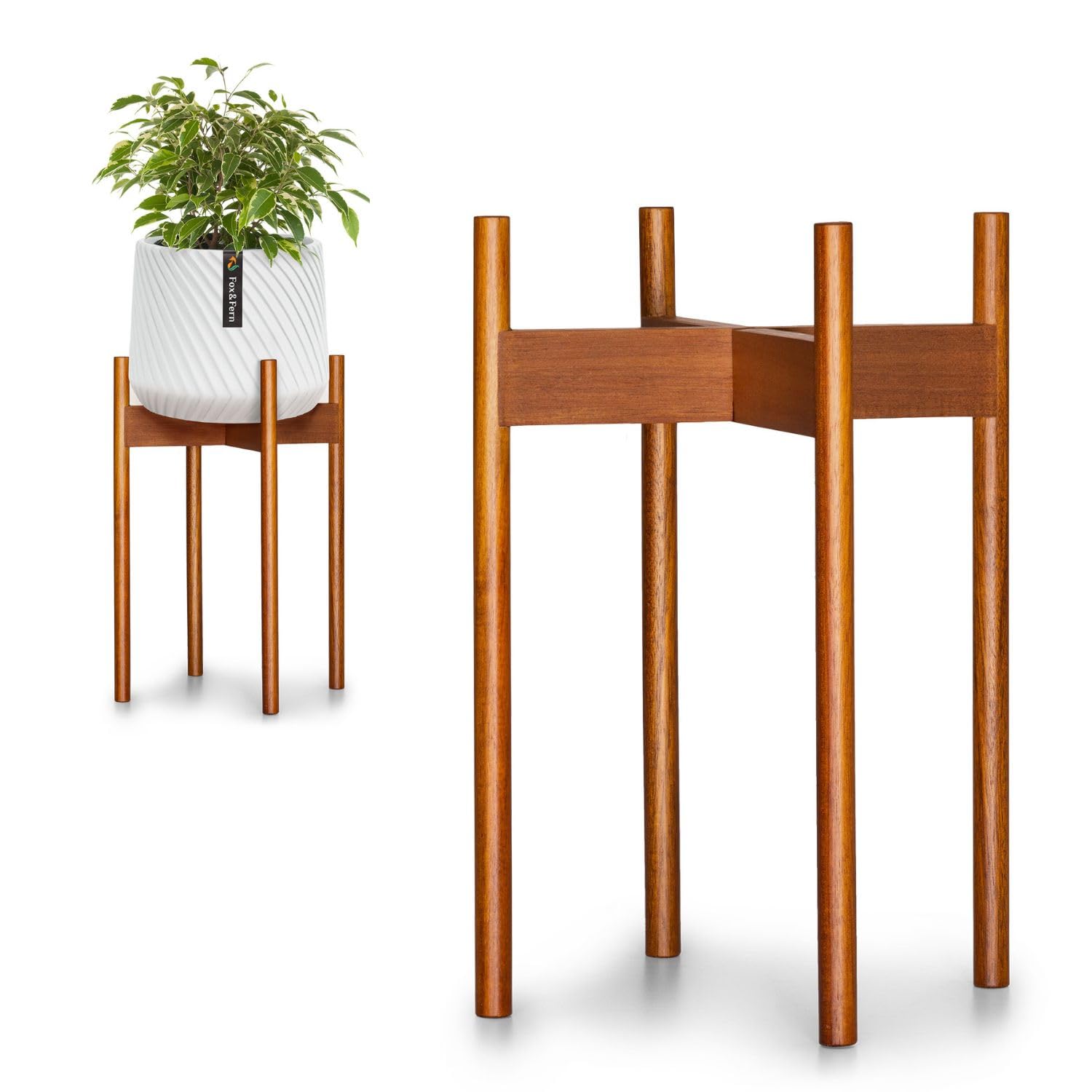 Fox & Fern Mid Century Plant Stand — 10 Inch Fixed Size Wooden Plant Stand for Indoor Planters (Not Included) - Raised Flower Pot Holder for Indoors - Plug In Design - Two Height Options - Acacia
