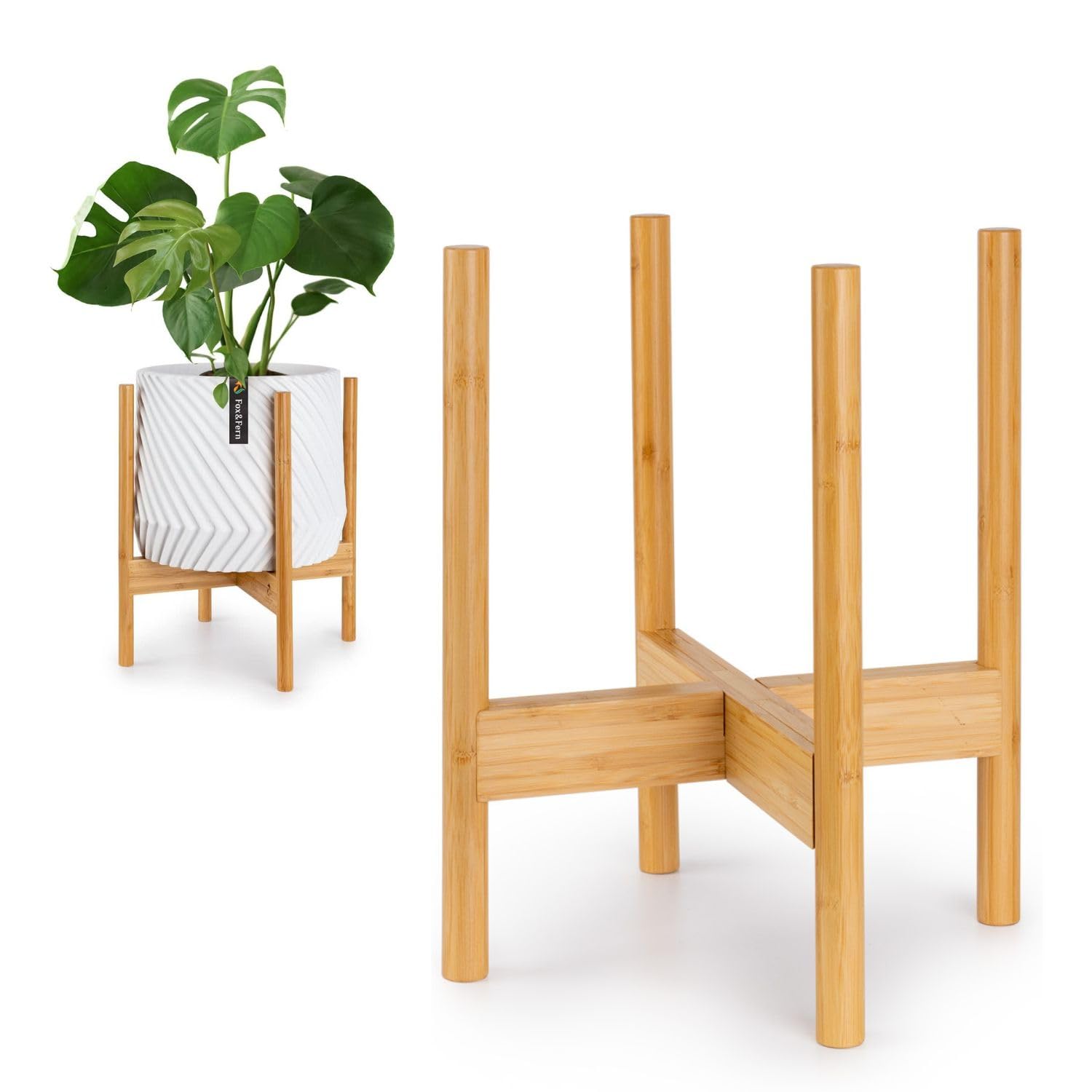 Fox & Fern Mid Century Plant Stand — 10 Inch Fixed Size Wooden Plant Stand for Indoor Planters (Not Included) - Raised Flower Pot Holder for Indoors - Plug In Design - Two Height Options - Acacia