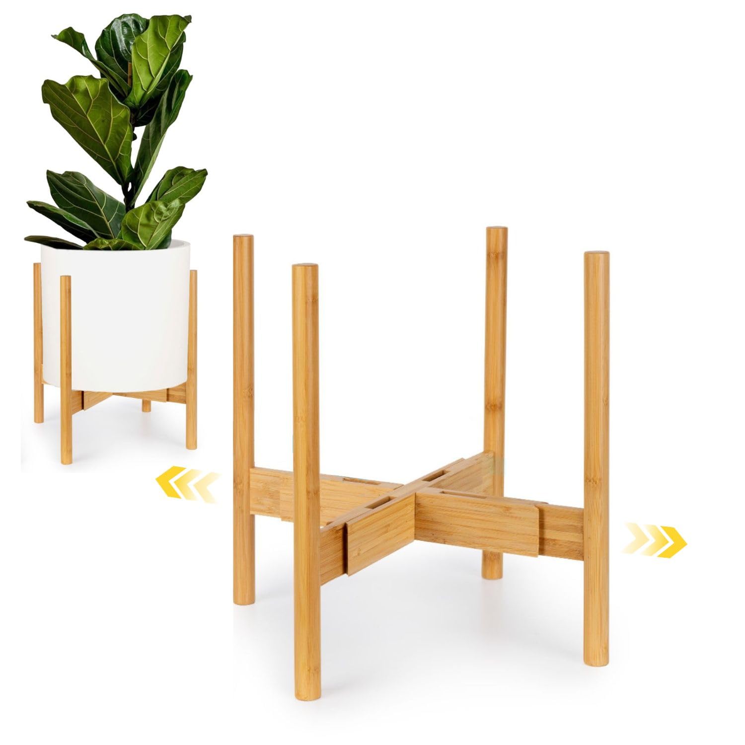 Fox & Fern Mid Century Plant Stand — 10 Inch Fixed Size Wooden Plant Stand for Indoor Planters (Not Included) - Raised Flower Pot Holder for Indoors - Plug In Design - Two Height Options - Acacia