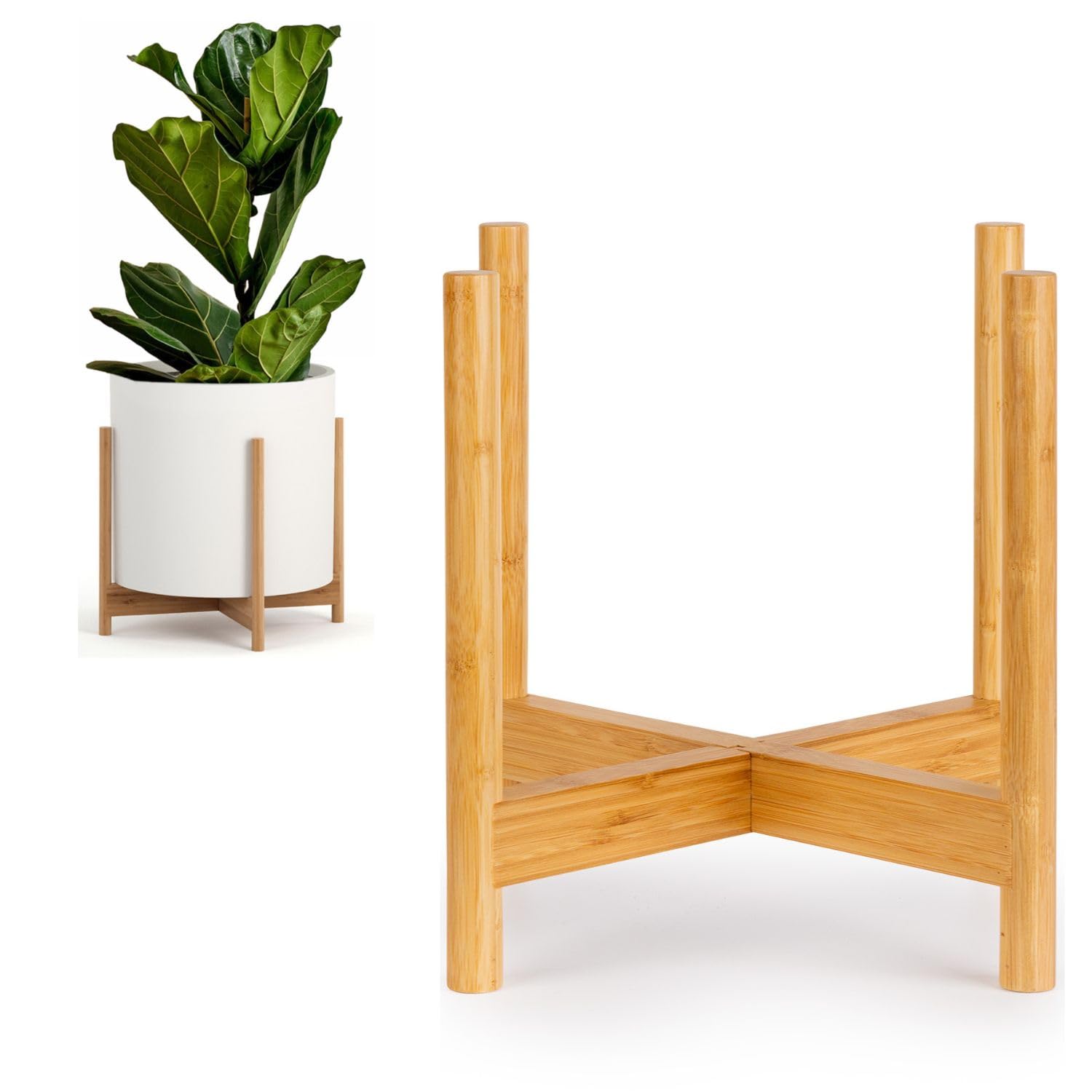 Fox & Fern Mid Century Plant Stand — 10 Inch Fixed Size Wooden Plant Stand for Indoor Planters (Not Included) - Raised Flower Pot Holder for Indoors - Plug In Design - Two Height Options - Acacia