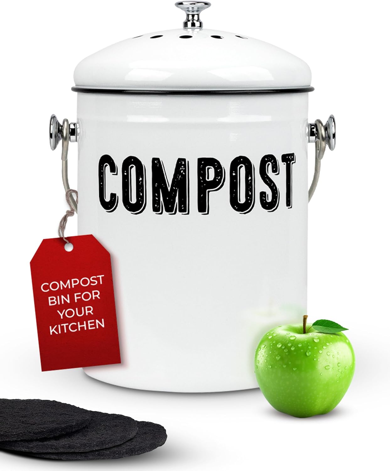 Granrosi Countertop Compost Bin Kitchen, 1.3 Gallon Stainless Steel Indoor Compost Bucket with Lid – Farmhouse Design, Odorless & Rust-Free Counter Pail with Carry Handle and 3 Charcoal Filters