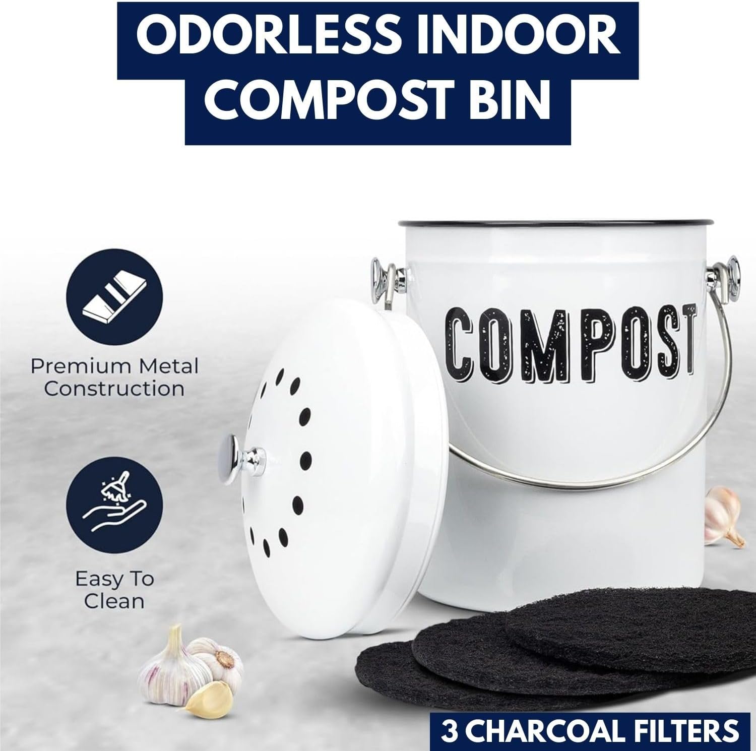 Granrosi Countertop Compost Bin Kitchen, 1.3 Gallon Stainless Steel Indoor Compost Bucket with Lid – Farmhouse Design, Odorless & Rust-Free Counter Pail with Carry Handle and 3 Charcoal Filters