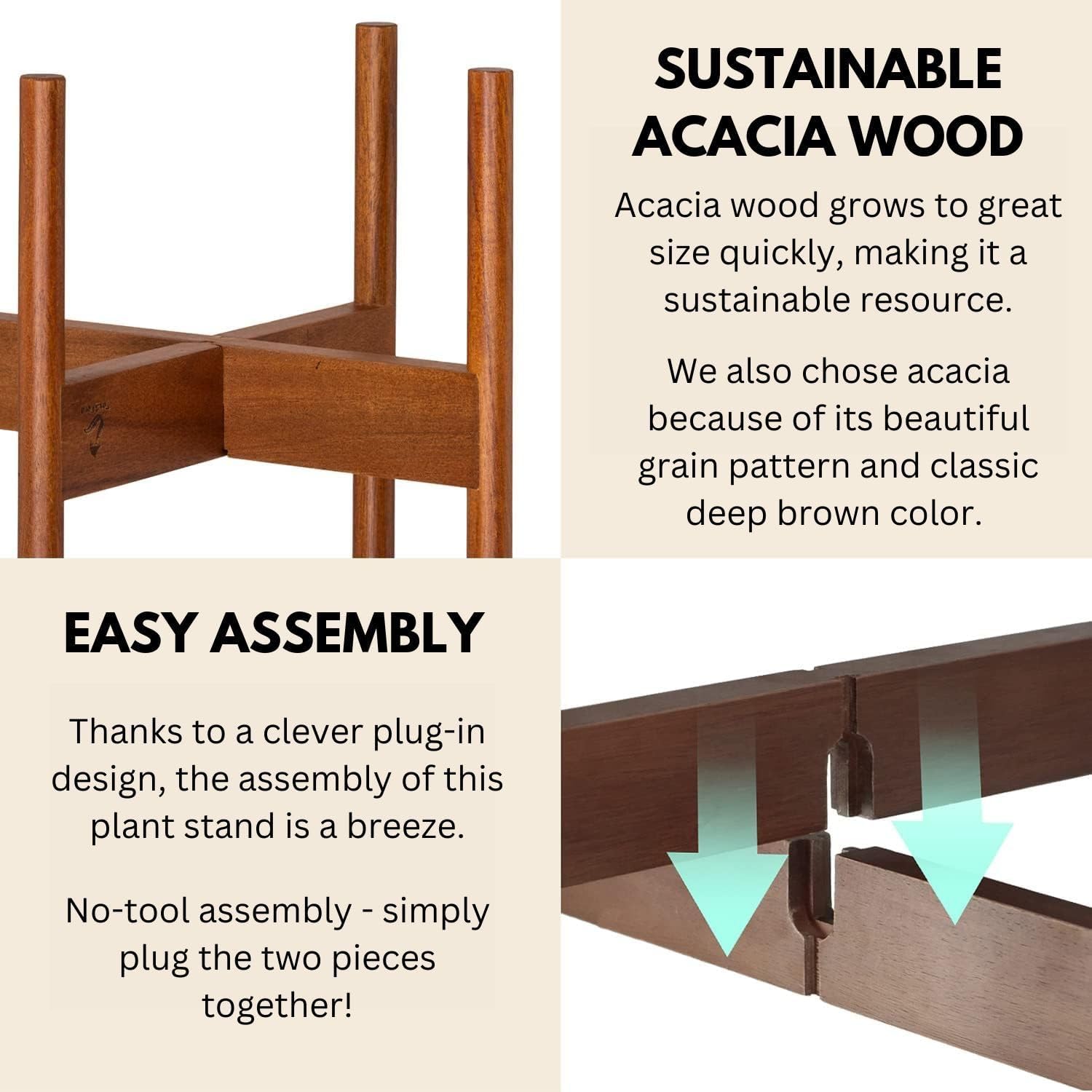 Fox & Fern Mid Century Plant Stand — 10 Inch Fixed Size Wooden Plant Stand for Indoor Planters (Not Included) - Raised Flower Pot Holder for Indoors - Plug In Design - Two Height Options - Acacia