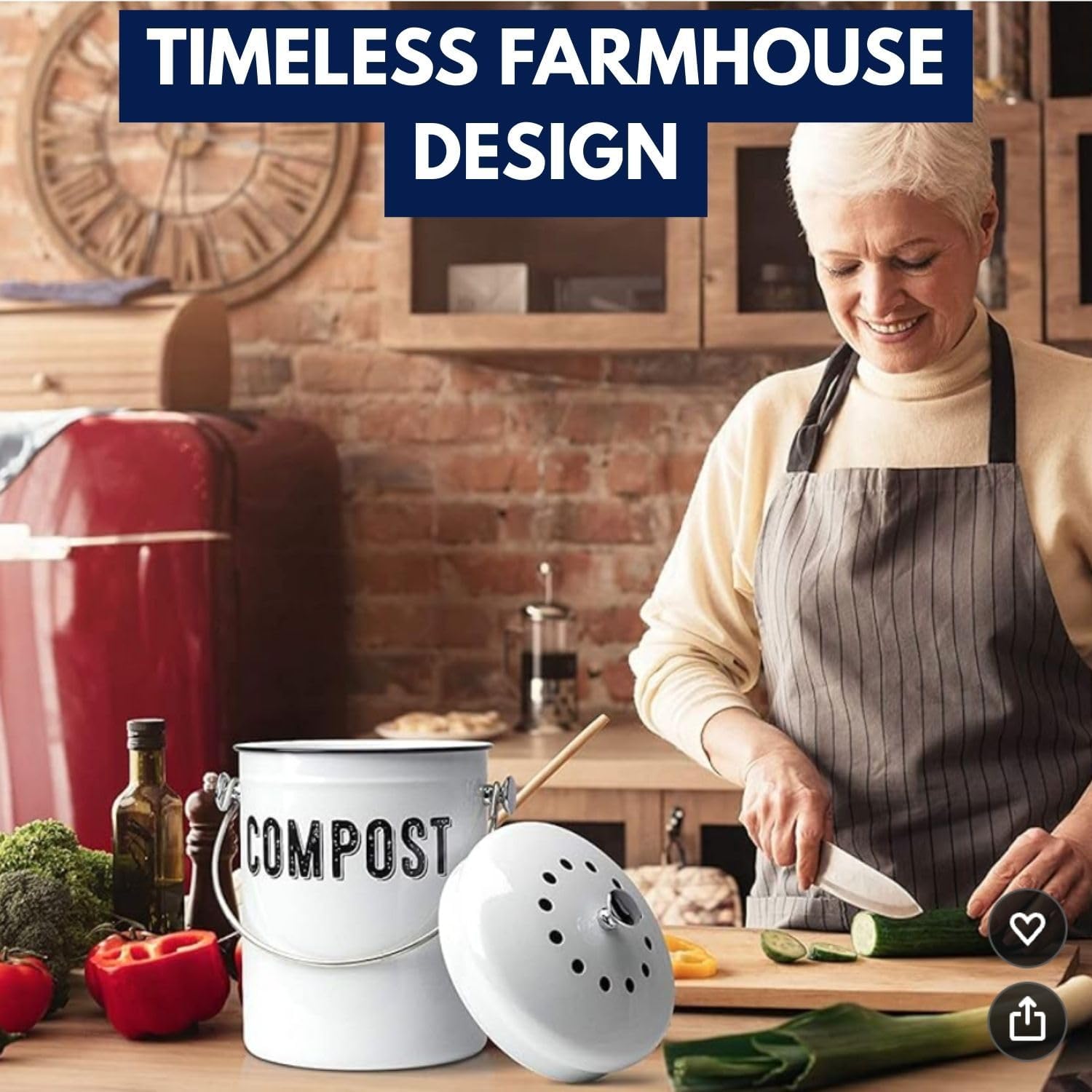 Granrosi Countertop Compost Bin Kitchen, 1.3 Gallon Stainless Steel Indoor Compost Bucket with Lid – Farmhouse Design, Odorless & Rust-Free Counter Pail with Carry Handle and 3 Charcoal Filters