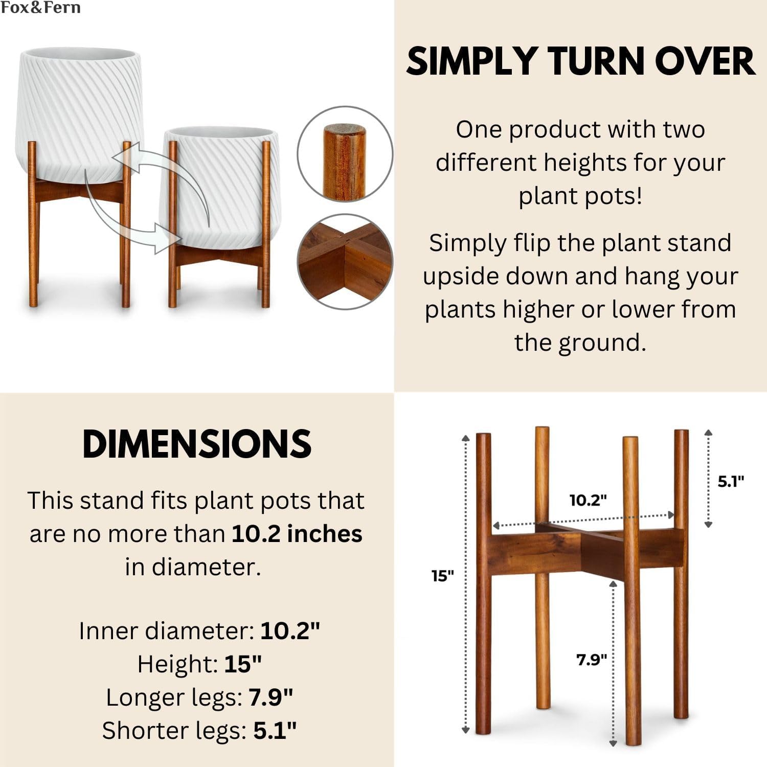 Fox & Fern Mid Century Plant Stand — 10 Inch Fixed Size Wooden Plant Stand for Indoor Planters (Not Included) - Raised Flower Pot Holder for Indoors - Plug In Design - Two Height Options - Acacia
