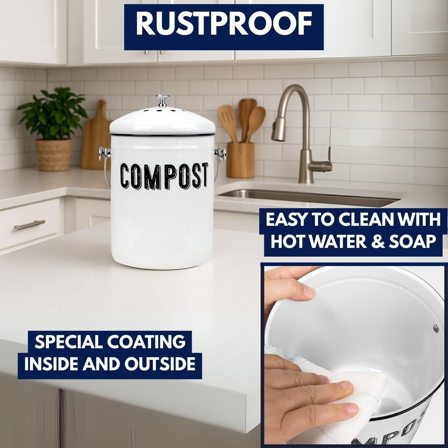 Granrosi Countertop Compost Bin Kitchen, 1.3 Gallon Stainless Steel Indoor Compost Bucket with Lid – Farmhouse Design, Odorless & Rust-Free Counter Pail with Carry Handle and 3 Charcoal Filters