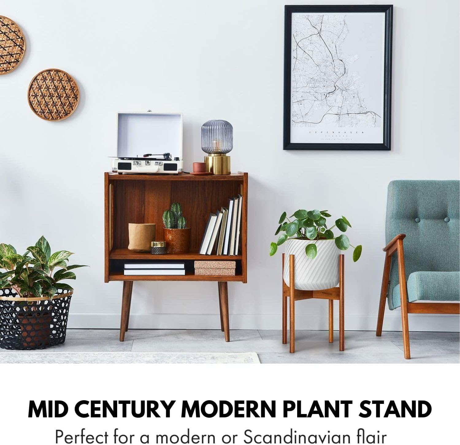 Fox & Fern Mid Century Plant Stand — 10 Inch Fixed Size Wooden Plant Stand for Indoor Planters (Not Included) - Raised Flower Pot Holder for Indoors - Plug In Design - Two Height Options - Acacia