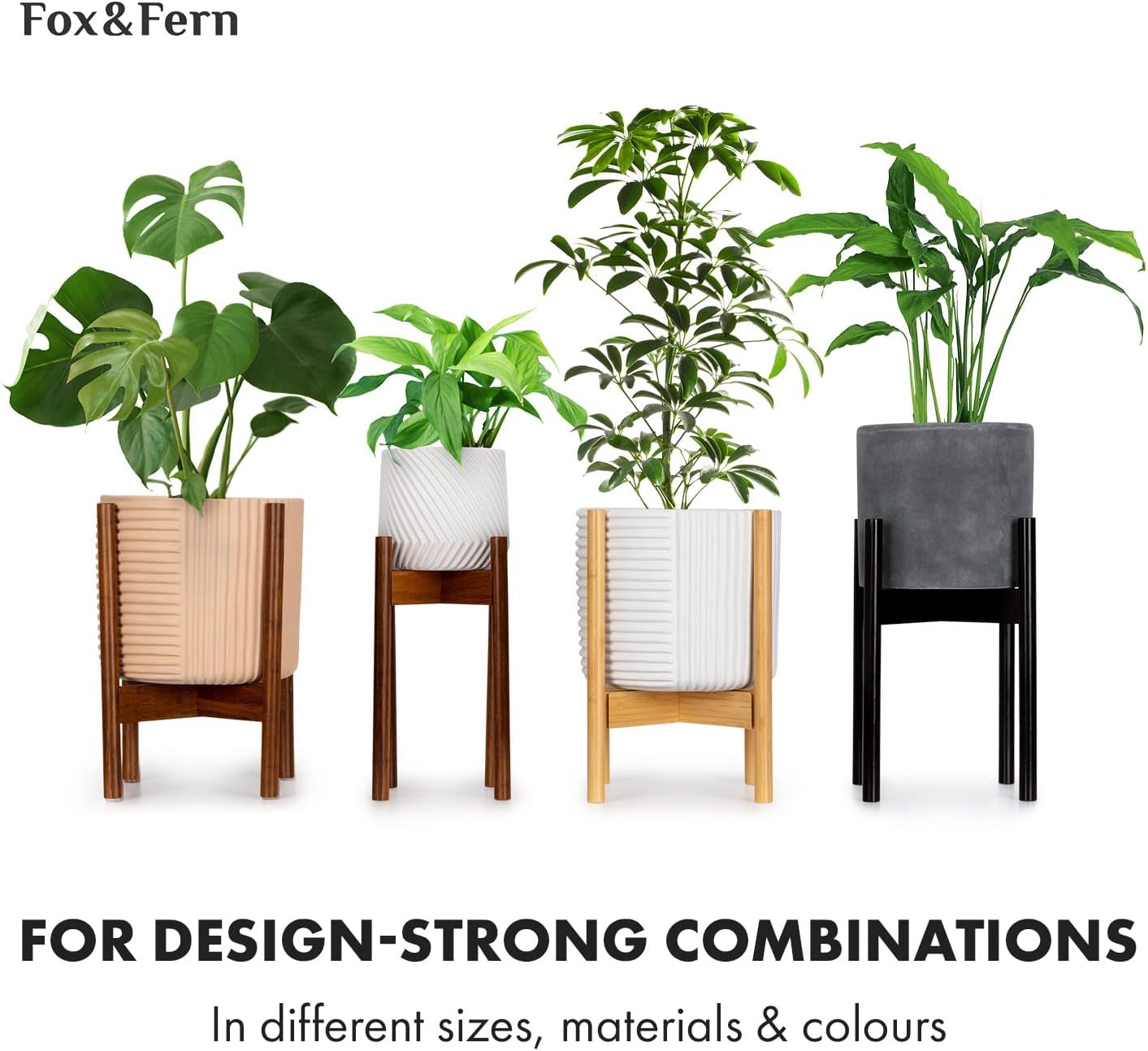 Fox & Fern Mid Century Plant Stand — 10 Inch Fixed Size Wooden Plant Stand for Indoor Planters (Not Included) - Raised Flower Pot Holder for Indoors - Plug In Design - Two Height Options - Acacia