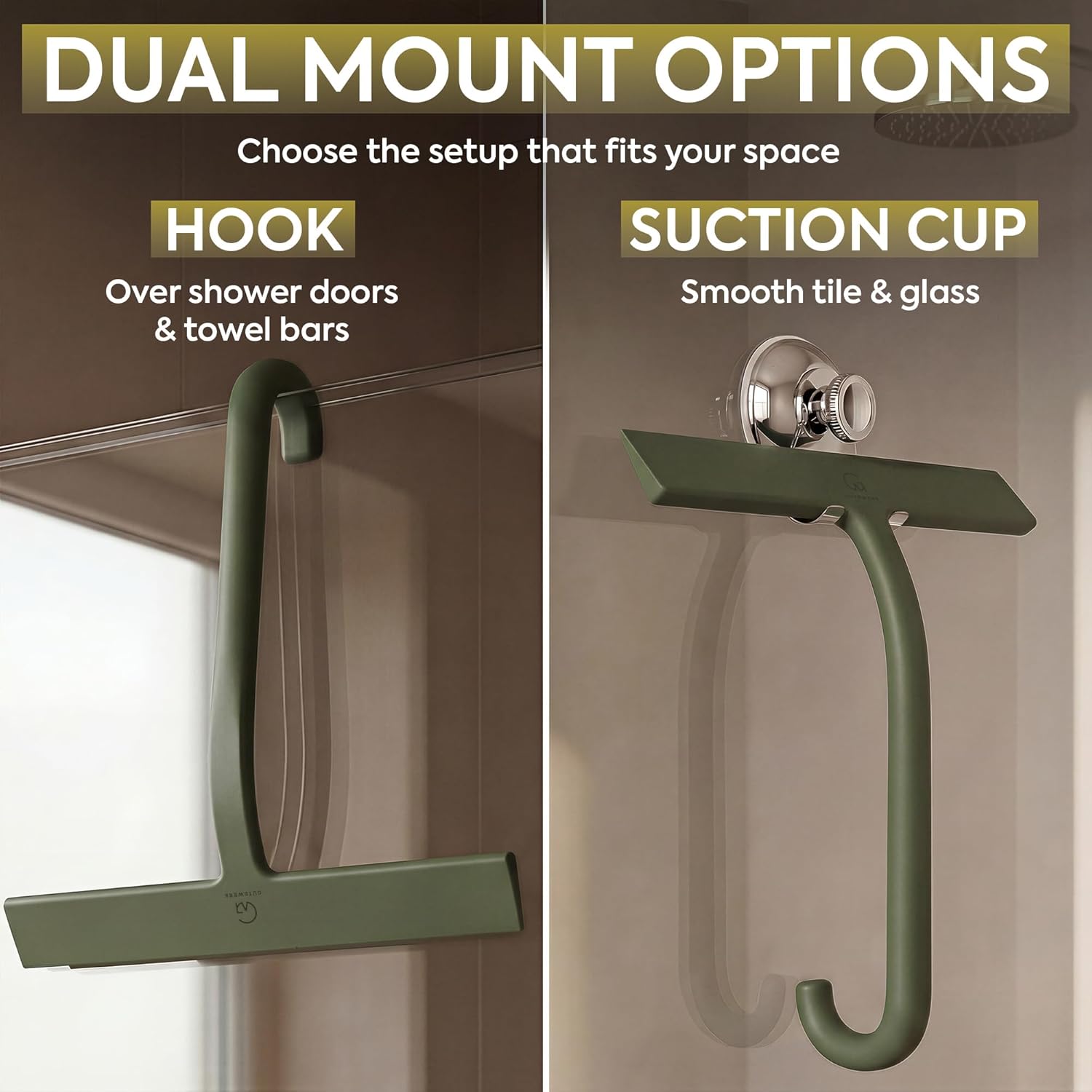 GÜTEWERK Shower Squeegee for Glass Doors – Bathroom Squeegee for Shower Glass & Tile Walls, Streak-Free & No-Squeak Silicone Blade, Stainless Steel Core, Hang Hook + Suction Cup, Green, 10 Inch