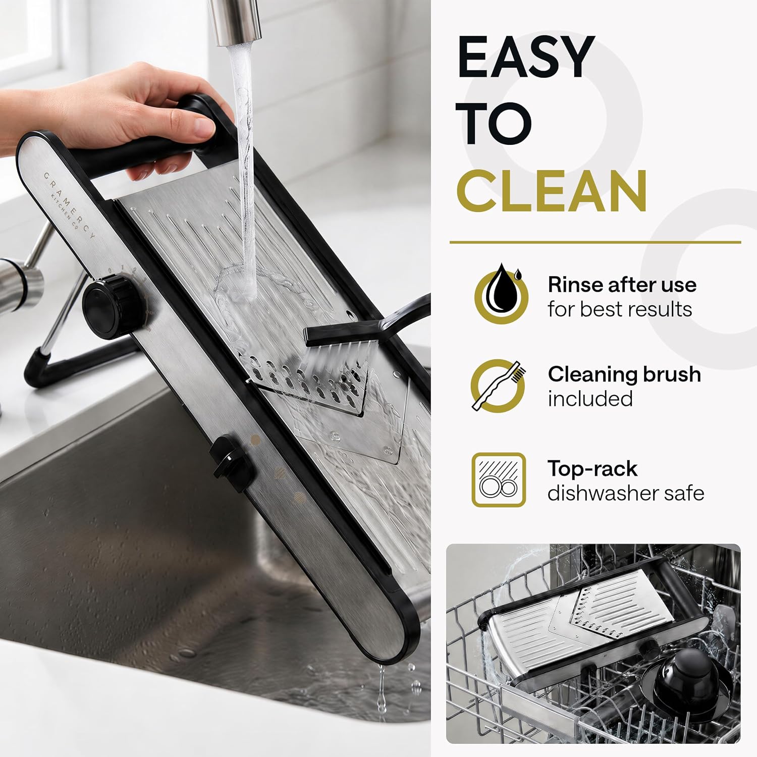 Gramercy Mandoline Slicer for Kitchen, Adjustable V-Blade Stainless Steel Vegetable Slicer with Waffle and Julienne Blades, Cut-Resistant Gloves, Cleaning Brush, Safety Lock, Dishwasher Safe