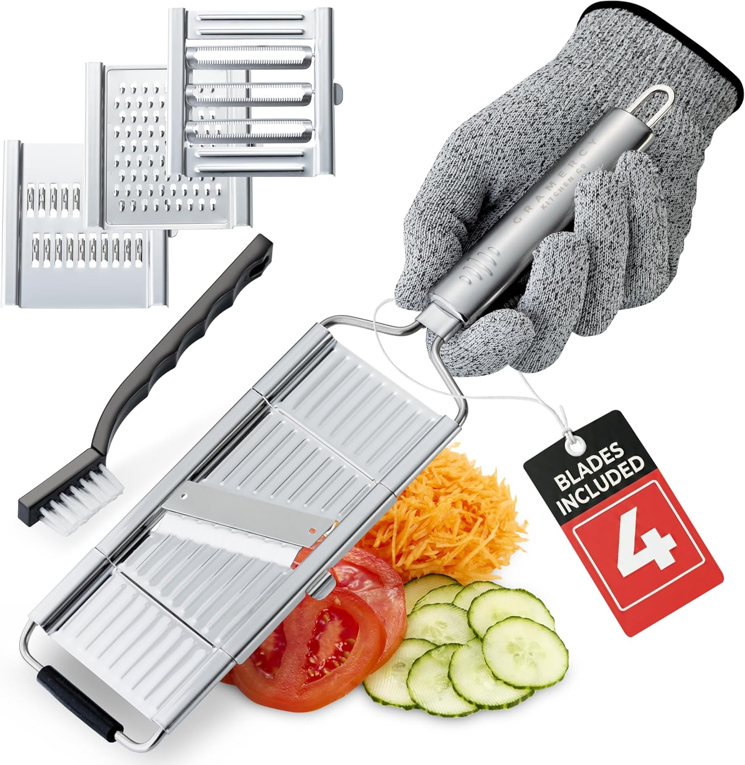Gramercy Handheld Mandoline Slicer for Kitchen - Stainless Steel Veggie & Fruit Slicer with 4 Blades - Slicer, Julienne & Grater; Cut Resistant Safety Glove & Cleaning Brush Included; Dishwasher Safe
