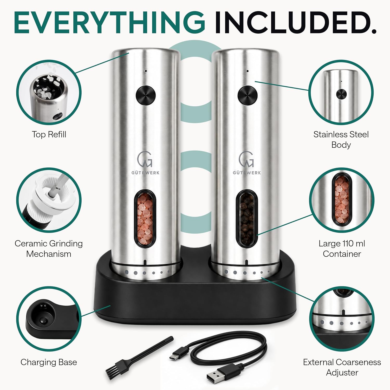 GÜTEWERK Electric Salt and Pepper Grinder Set, Rechargeable Stainless Steel Mill with Charging Dock, 6 Coarseness Levels, USB-C, Set of 2