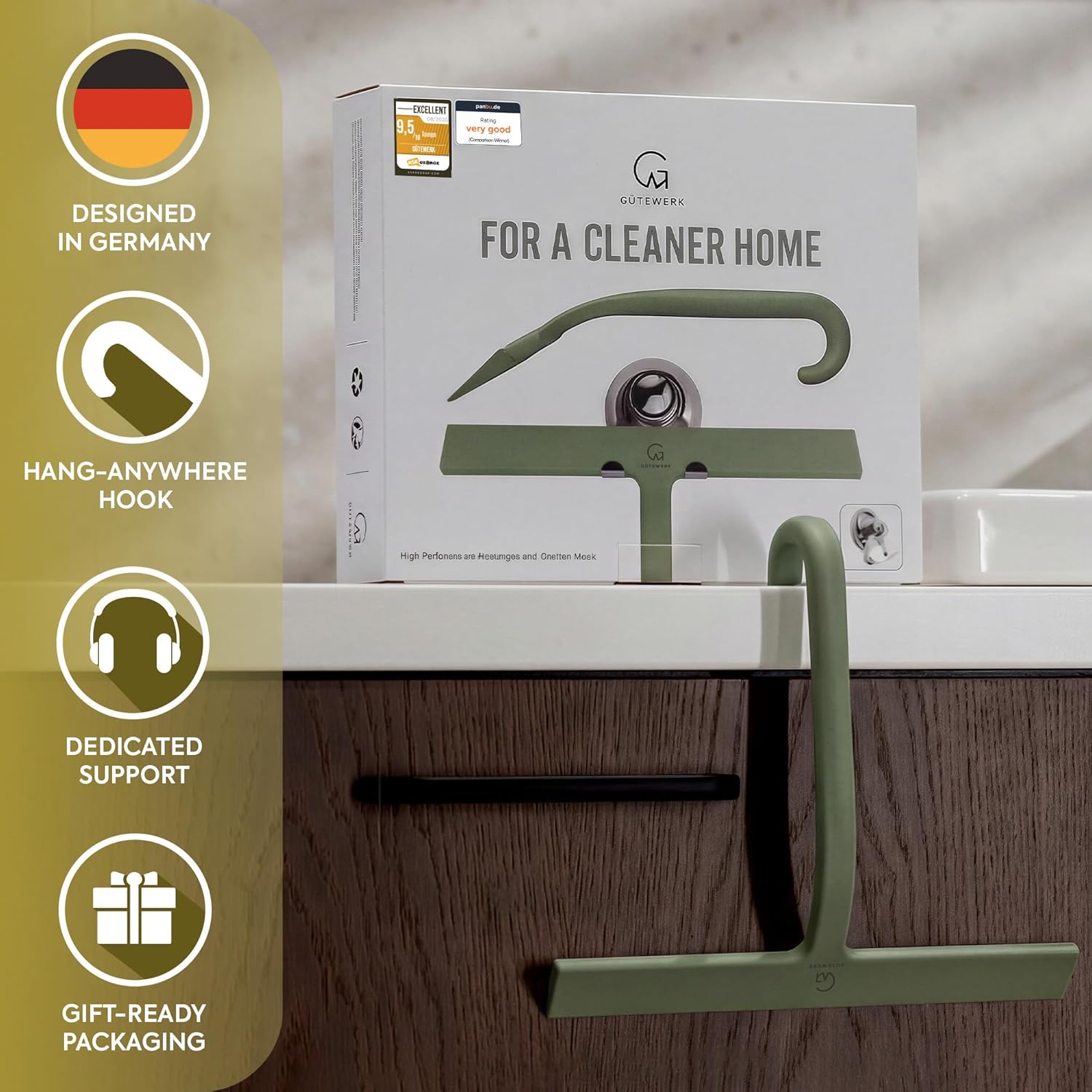 GÜTEWERK Shower Squeegee for Glass Doors – Bathroom Squeegee for Shower Glass & Tile Walls, Streak-Free & No-Squeak Silicone Blade, Stainless Steel Core, Hang Hook + Suction Cup, Green, 10 Inch