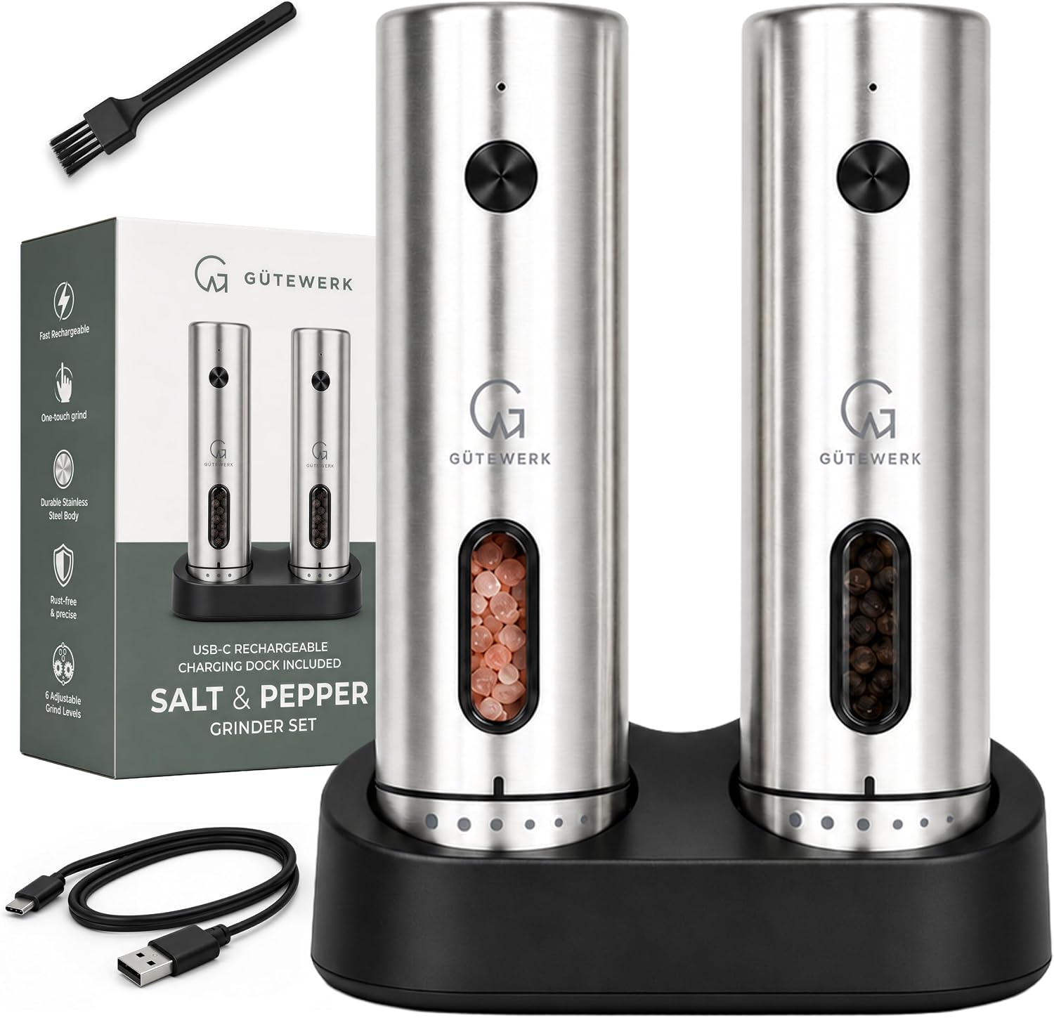 GÜTEWERK Electric Salt and Pepper Grinder Set, Rechargeable Stainless Steel Mill with Charging Dock, 6 Coarseness Levels, USB-C, Set of 2