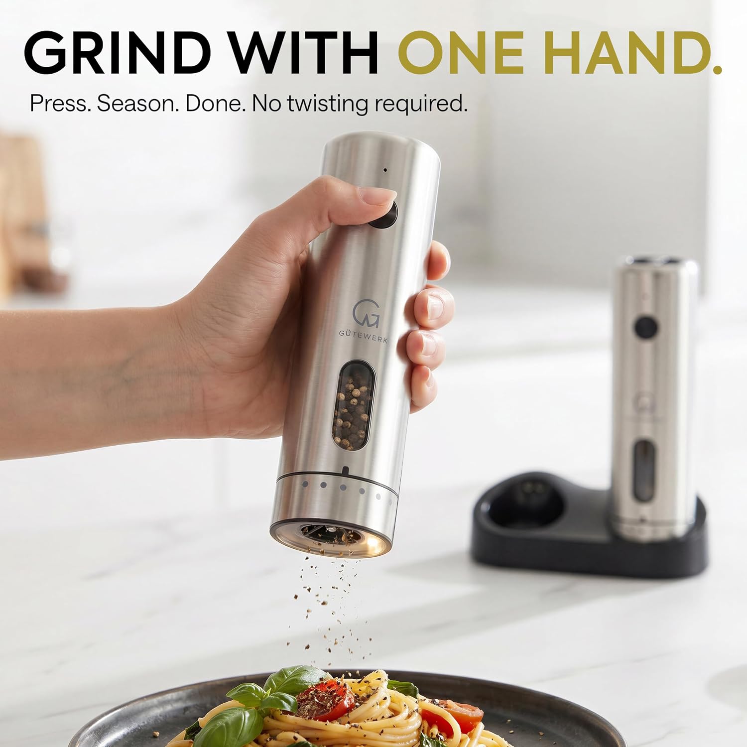 GÜTEWERK Electric Salt and Pepper Grinder Set, Rechargeable Stainless Steel Mill with Charging Dock, 6 Coarseness Levels, USB-C, Set of 2