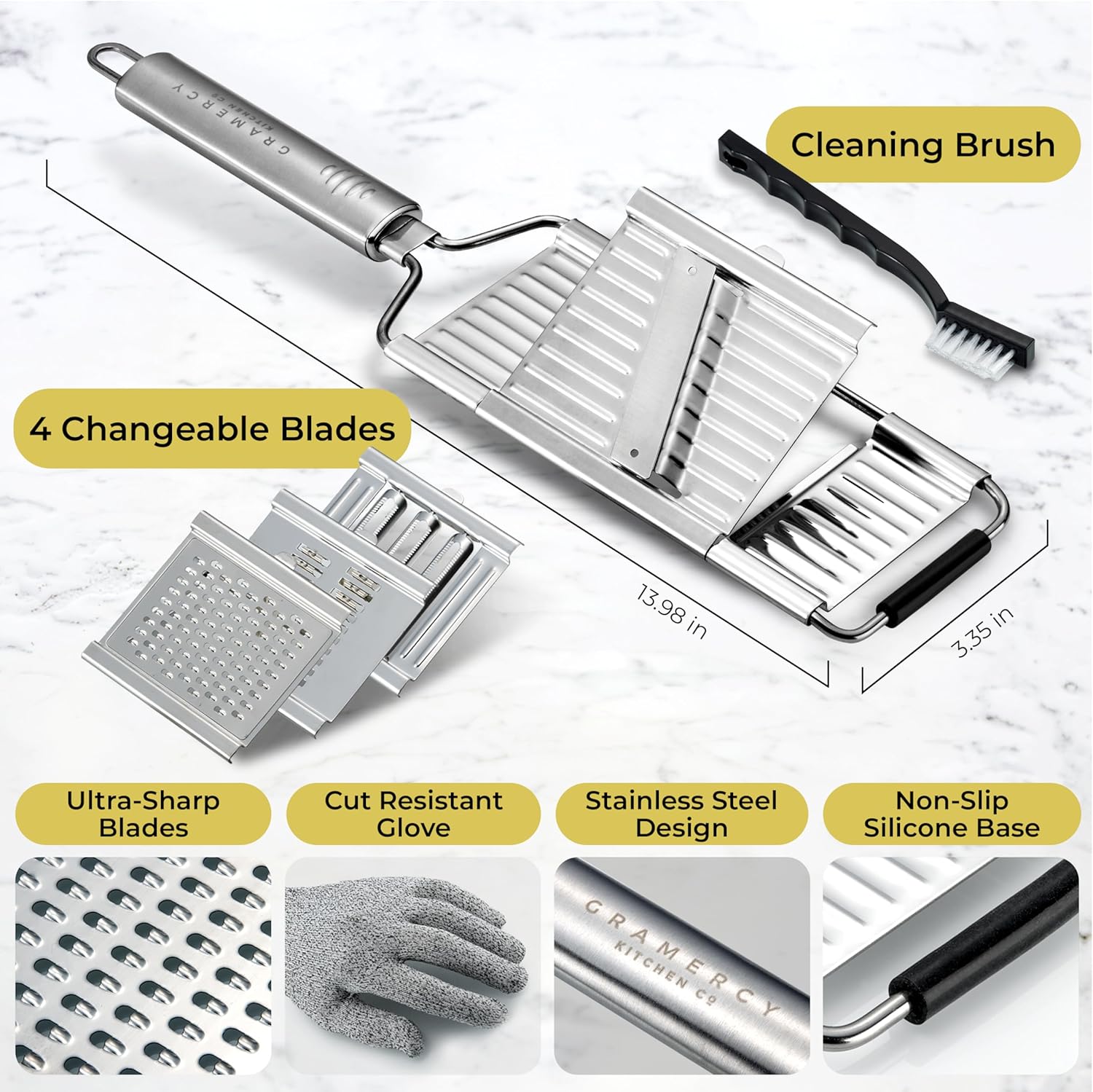 Gramercy Handheld Mandoline Slicer for Kitchen - Stainless Steel Veggie & Fruit Slicer with 4 Blades - Slicer, Julienne & Grater; Cut Resistant Safety Glove & Cleaning Brush Included; Dishwasher Safe