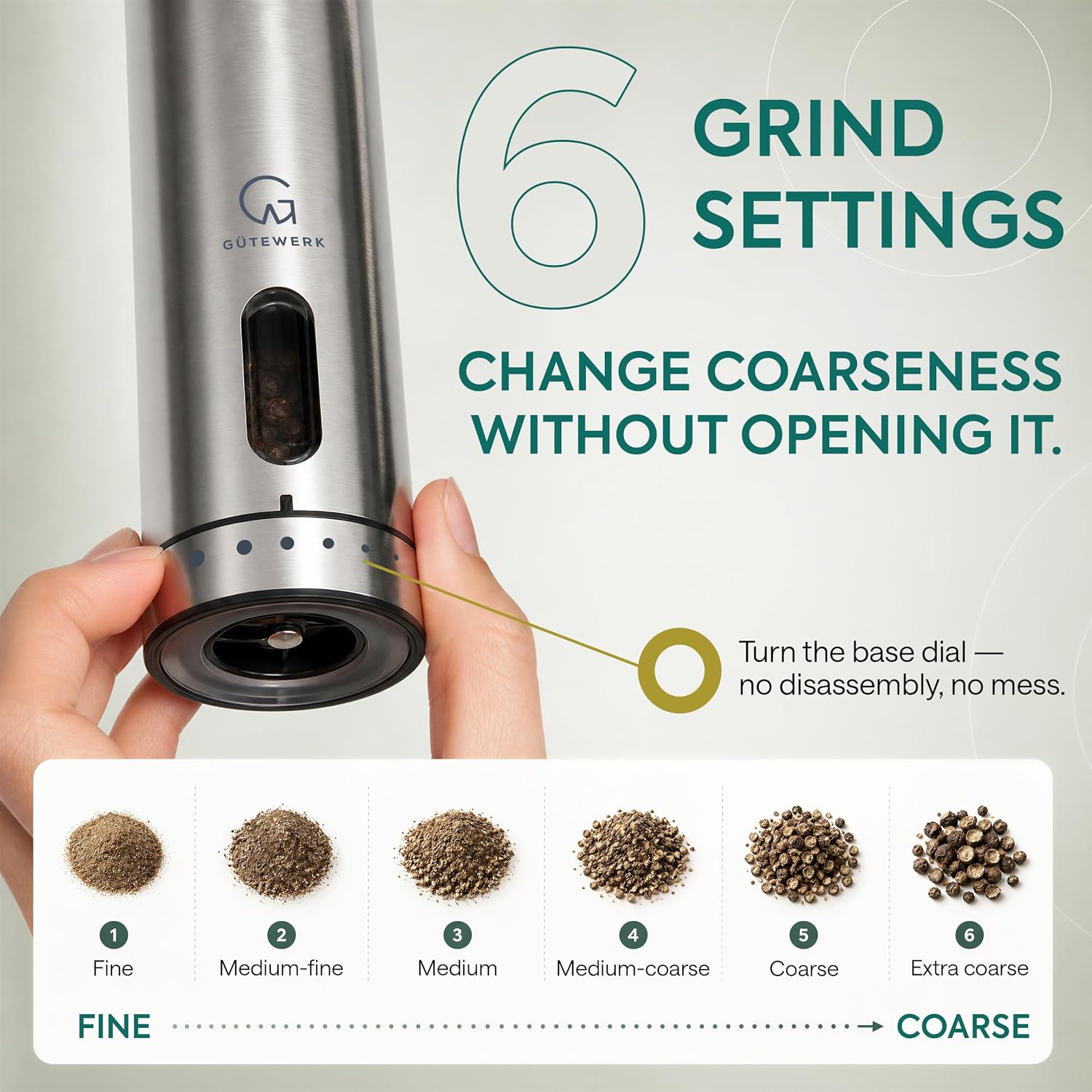 GÜTEWERK Electric Salt and Pepper Grinder Set, Rechargeable Stainless Steel Mill with Charging Dock, 6 Coarseness Levels, USB-C, Set of 2
