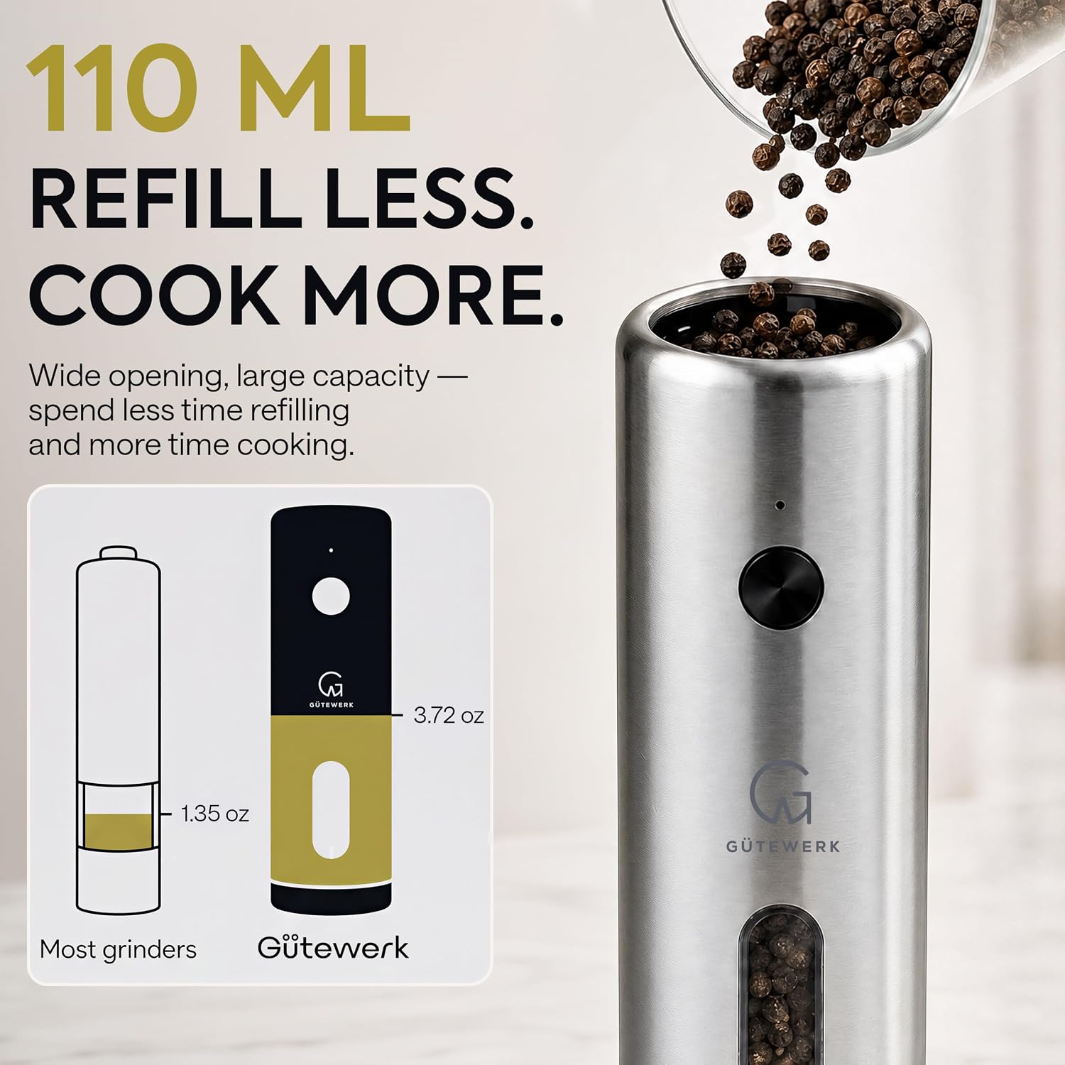 GÜTEWERK Electric Salt and Pepper Grinder Set, Rechargeable Stainless Steel Mill with Charging Dock, 6 Coarseness Levels, USB-C, Set of 2