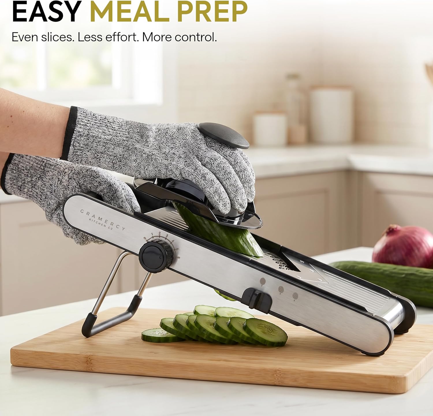 Gramercy Mandoline Slicer for Kitchen, Adjustable V-Blade Stainless Steel Vegetable Slicer with Waffle and Julienne Blades, Cut-Resistant Gloves, Cleaning Brush, Safety Lock, Dishwasher Safe