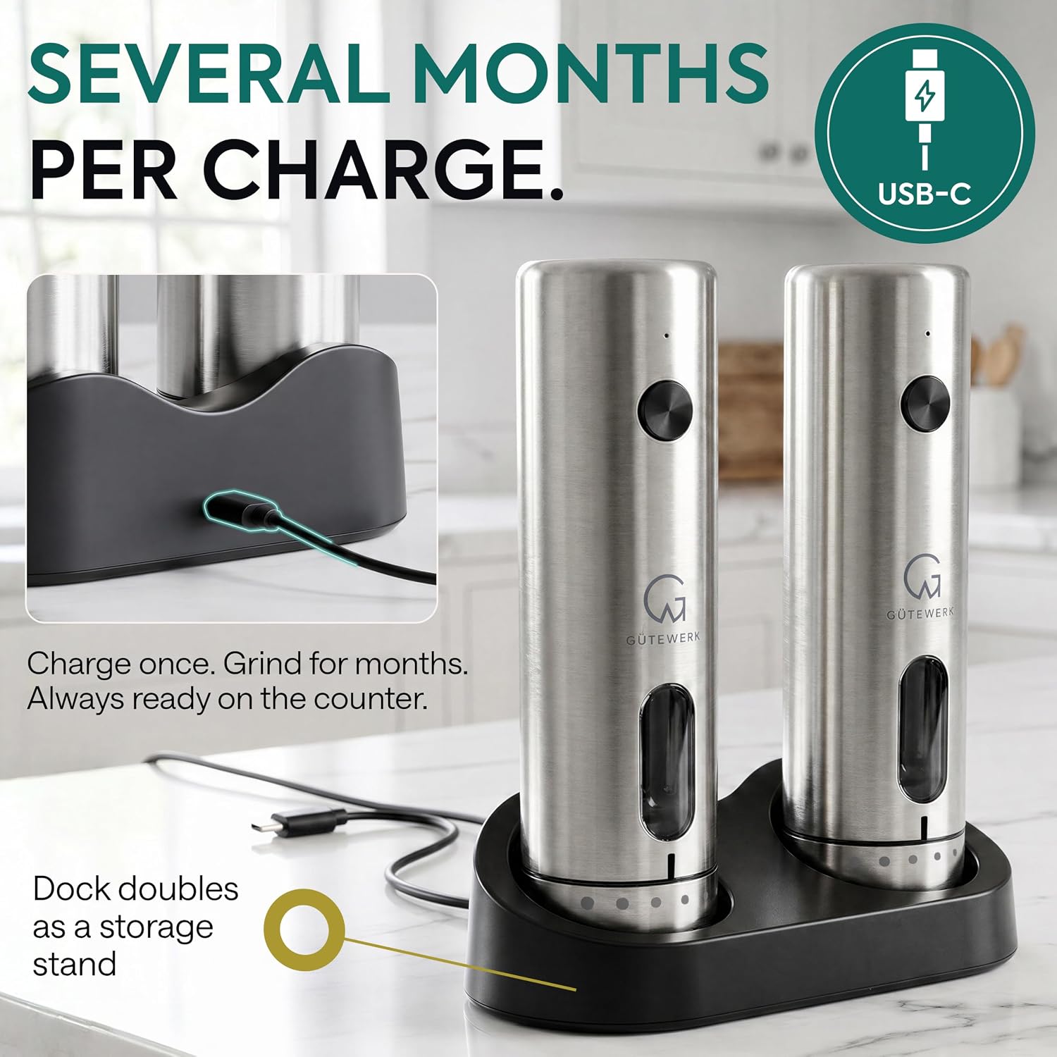 GÜTEWERK Electric Salt and Pepper Grinder Set, Rechargeable Stainless Steel Mill with Charging Dock, 6 Coarseness Levels, USB-C, Set of 2