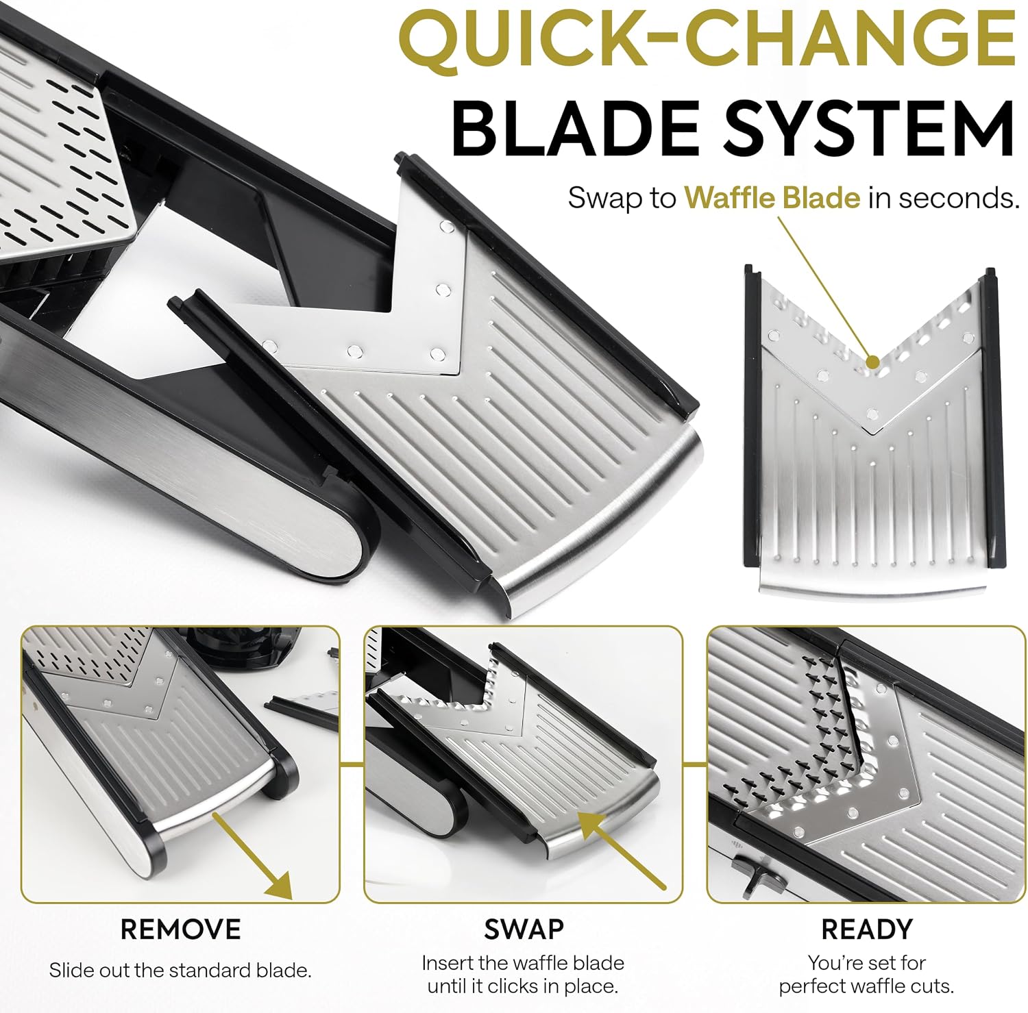 Gramercy Mandoline Slicer for Kitchen, Adjustable V-Blade Stainless Steel Vegetable Slicer with Waffle and Julienne Blades, Cut-Resistant Gloves, Cleaning Brush, Safety Lock, Dishwasher Safe