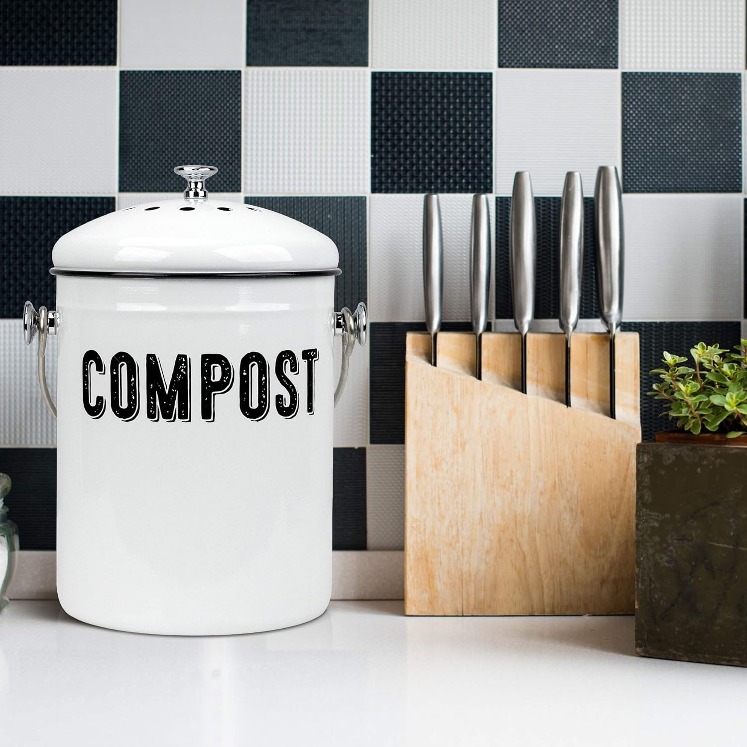 Granrosi Countertop Compost Bin Kitchen, 1.3 Gallon Stainless Steel Indoor Compost Bucket with Lid – Farmhouse Design, Odorless & Rust-Free Counter Pail with Carry Handle and 3 Charcoal Filters