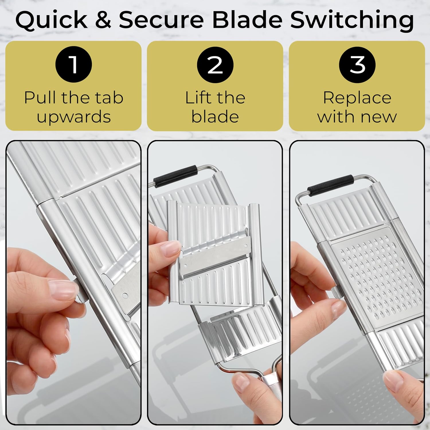 Gramercy Handheld Mandoline Slicer for Kitchen - Stainless Steel Veggie & Fruit Slicer with 4 Blades - Slicer, Julienne & Grater; Cut Resistant Safety Glove & Cleaning Brush Included; Dishwasher Safe