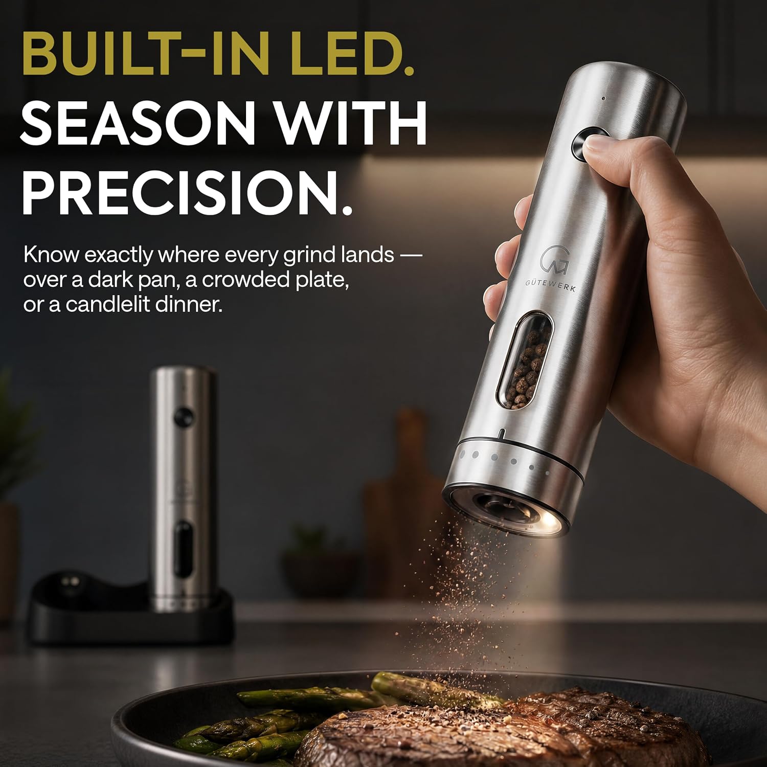 GÜTEWERK Electric Salt and Pepper Grinder Set, Rechargeable Stainless Steel Mill with Charging Dock, 6 Coarseness Levels, USB-C, Set of 2