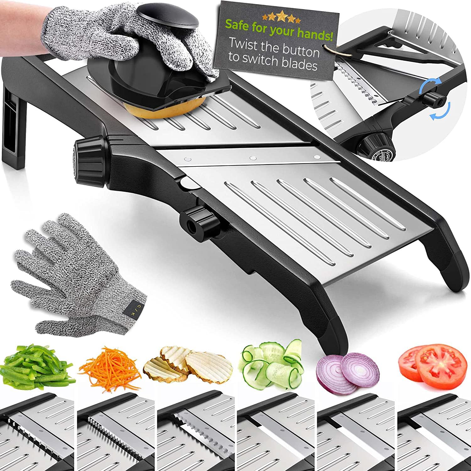 Gramercy Adjustable Mandoline Food Slicer, Mandoline Slicer for Kitchen, Mandolin, Potato, Tomato, Carrot, Vegetable, Fruit and Onion Cutter - Stainless Steel - INCLUDING 1 Pair Cut-Resistant Gloves