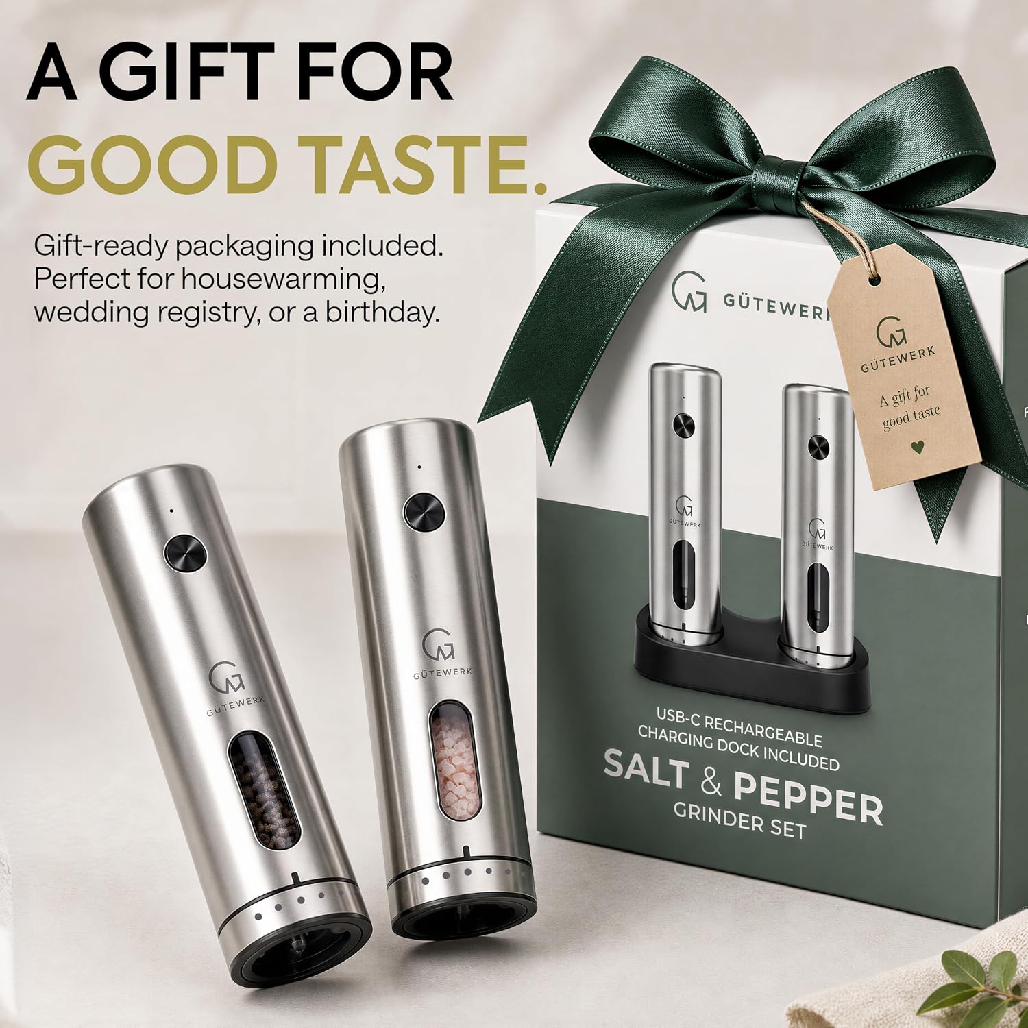 GÜTEWERK Electric Salt and Pepper Grinder Set, Rechargeable Stainless Steel Mill with Charging Dock, 6 Coarseness Levels, USB-C, Set of 2