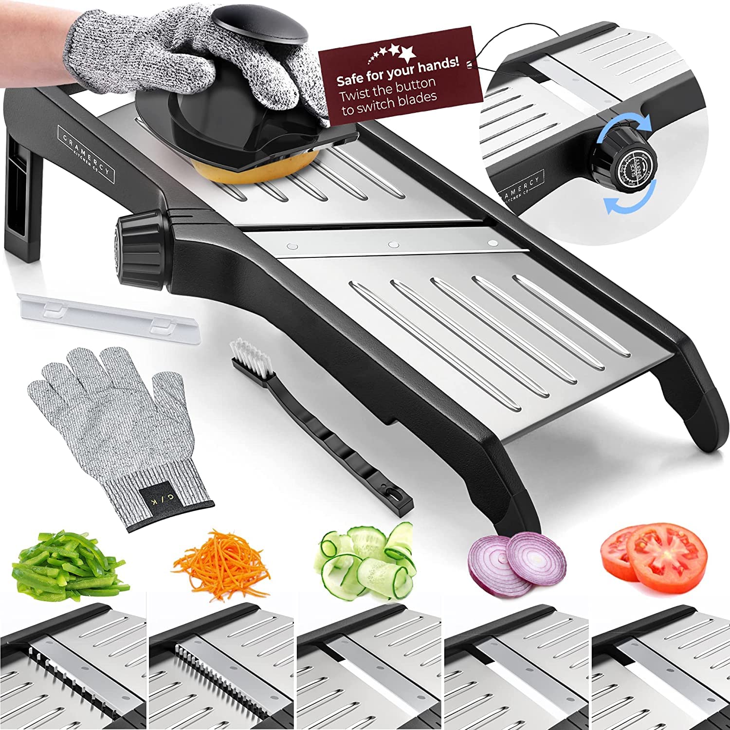 Gramercy Adjustable Mandoline Food Slicer, Mandoline Slicer for Kitchen, Mandolin, Potato, Tomato, Carrot, Vegetable, Fruit and Onion Cutter - Stainless Steel - INCLUDING 1 Pair Cut-Resistant Gloves