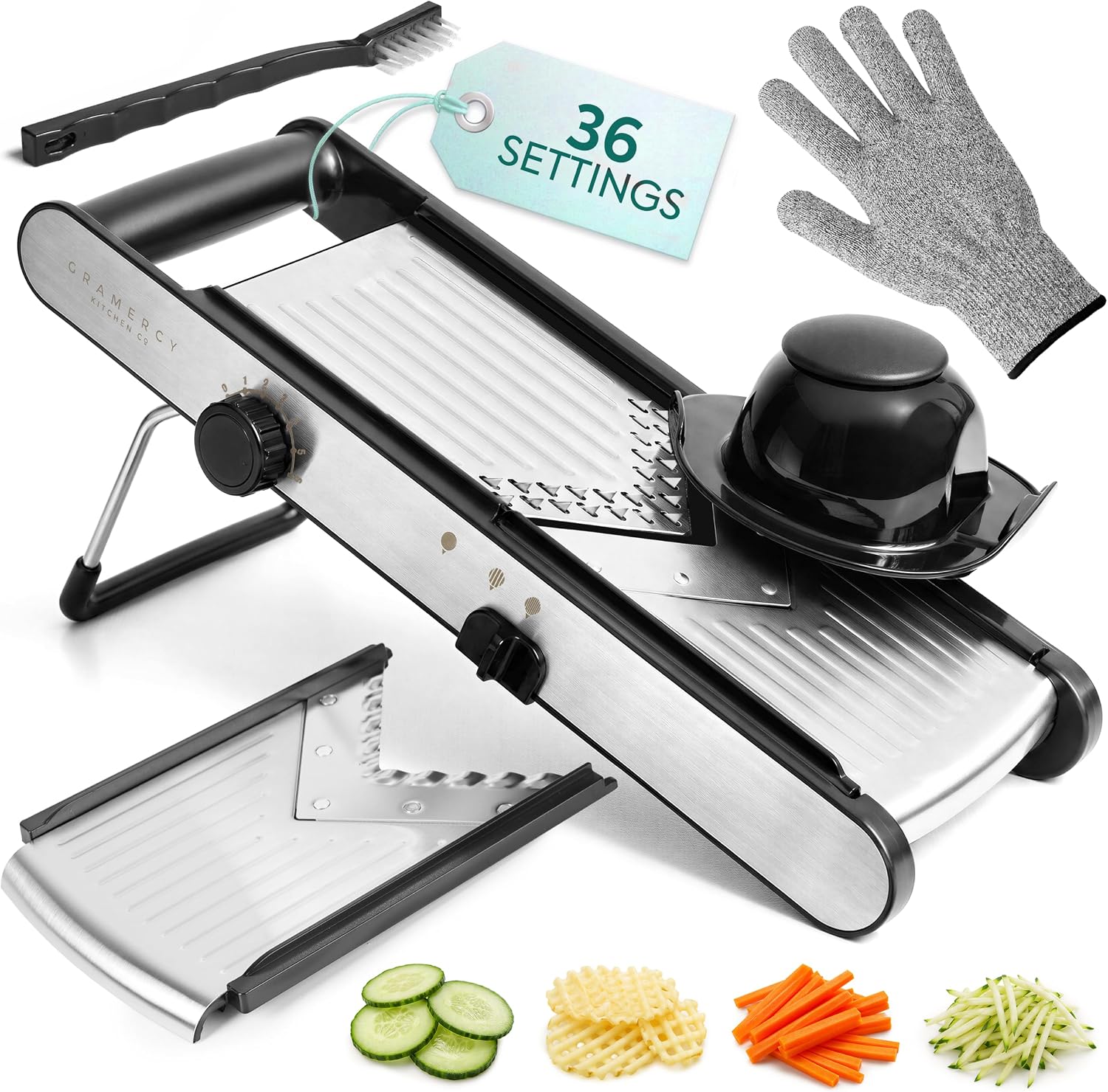 Gramercy Mandoline Slicer for Kitchen, Adjustable V-Blade Stainless Steel Vegetable Slicer with Waffle and Julienne Blades, Cut-Resistant Gloves, Cleaning Brush, Safety Lock, Dishwasher Safe