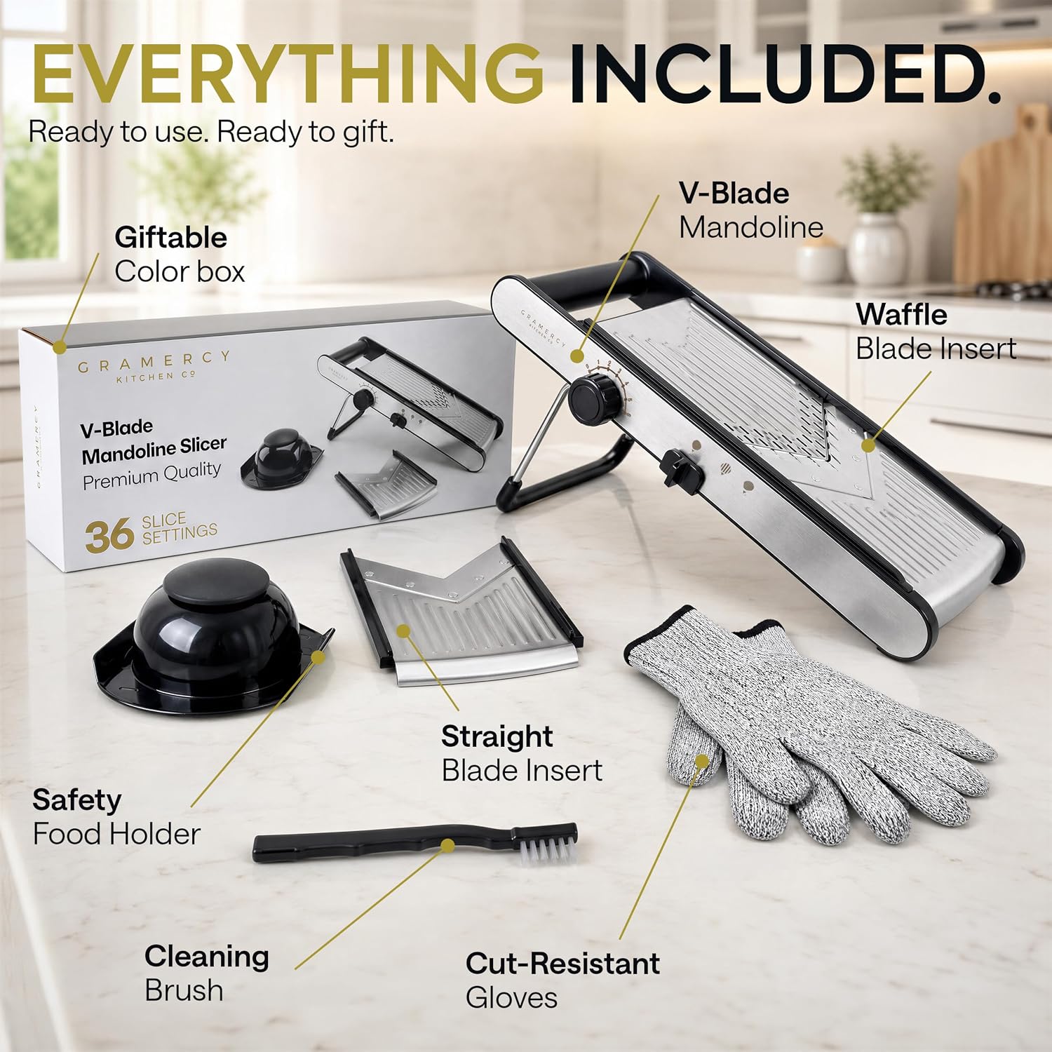 Gramercy Mandoline Slicer for Kitchen, Adjustable V-Blade Stainless Steel Vegetable Slicer with Waffle and Julienne Blades, Cut-Resistant Gloves, Cleaning Brush, Safety Lock, Dishwasher Safe