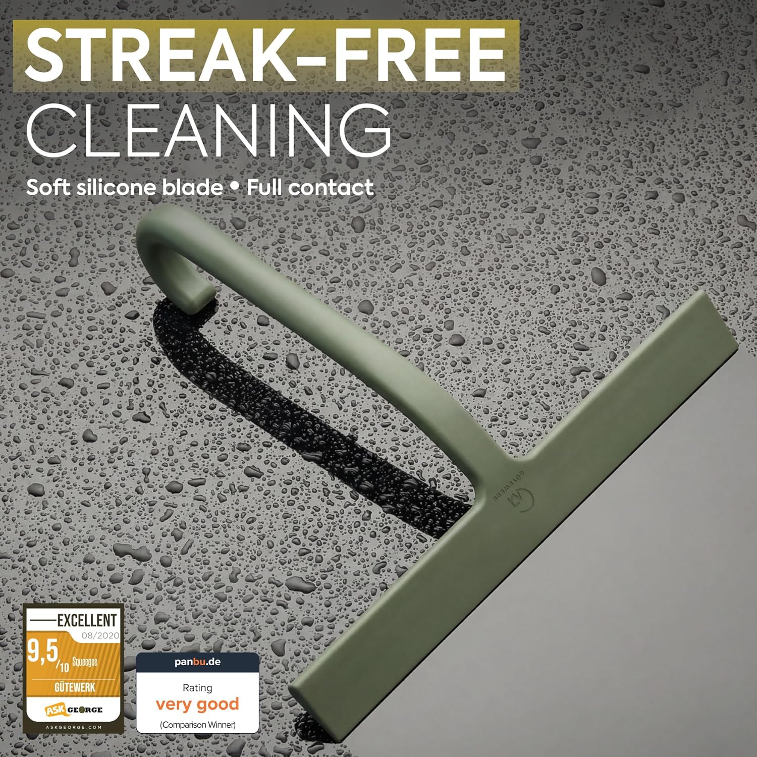 GÜTEWERK Shower Squeegee for Glass Doors – Bathroom Squeegee for Shower Glass & Tile Walls, Streak-Free & No-Squeak Silicone Blade, Stainless Steel Core, Hang Hook + Suction Cup, Green, 10 Inch