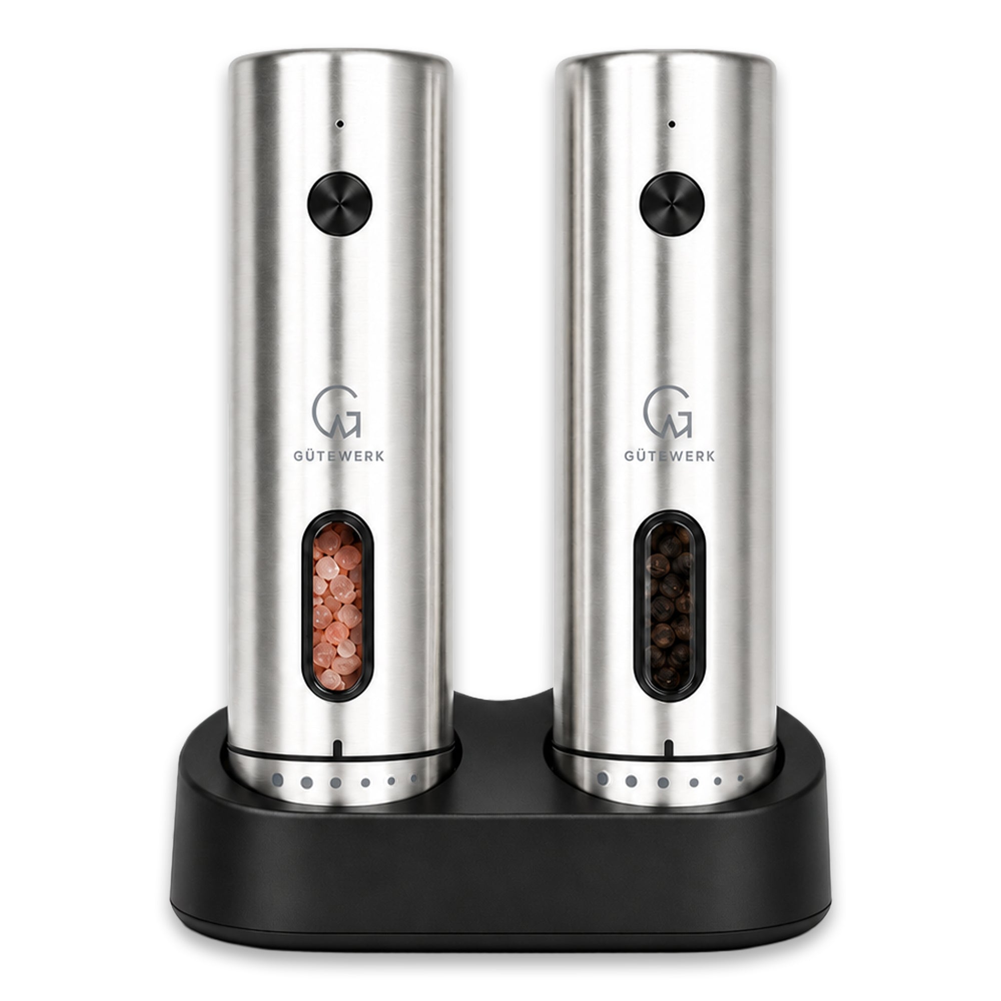 GÜTEWERK Electric Salt and Pepper Grinder Set, Rechargeable Stainless Steel Mill with Charging Dock, 6 Coarseness Levels, USB-C, Set of 2