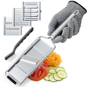 Gramercy Handheld Mandoline Slicer for Kitchen - Stainless Steel Veggie & Fruit Slicer with 4 Blades - Slicer, Julienne & Grater; Cut Resistant Safety Glove & Cleaning Brush Included; Dishwasher Safe