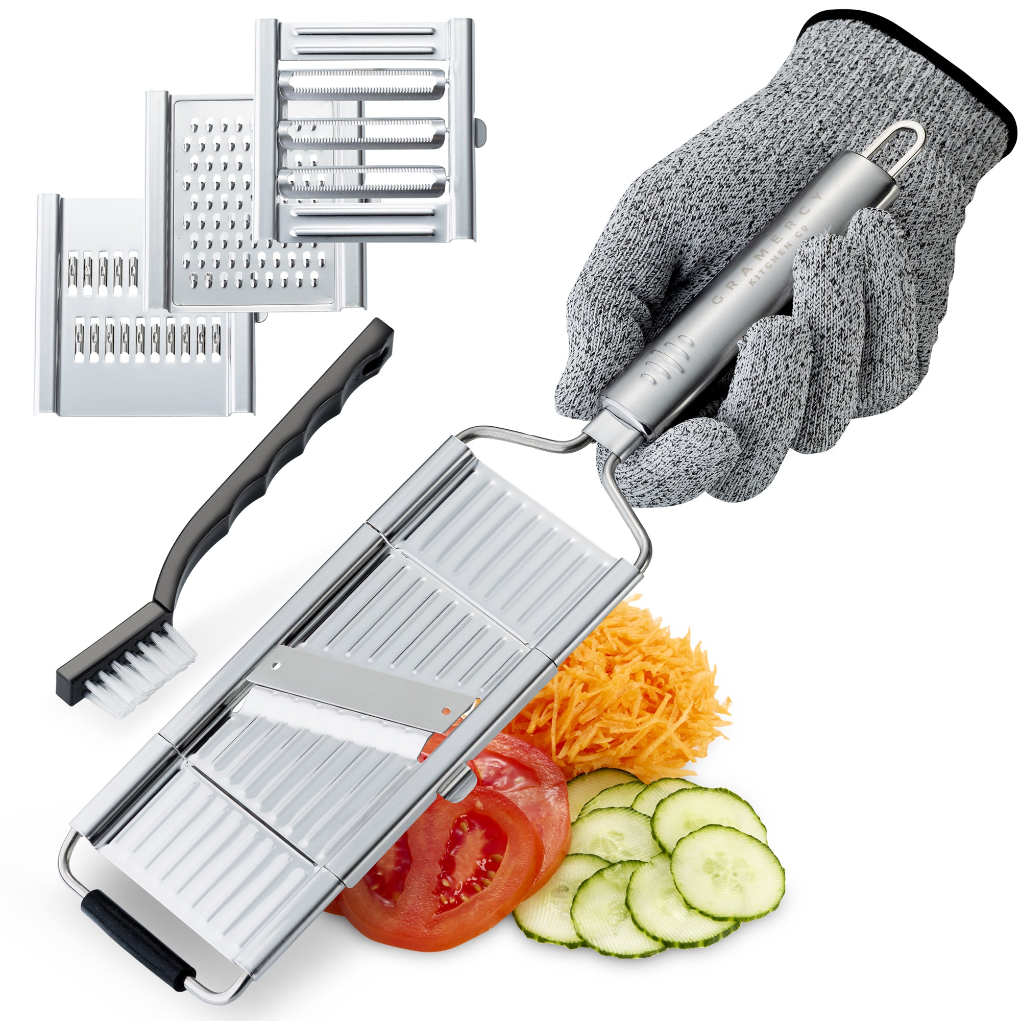 Gramercy Handheld Mandoline Slicer for Kitchen - Stainless Steel Veggie & Fruit Slicer with 4 Blades - Slicer, Julienne & Grater; Cut Resistant Safety Glove & Cleaning Brush Included; Dishwasher Safe
