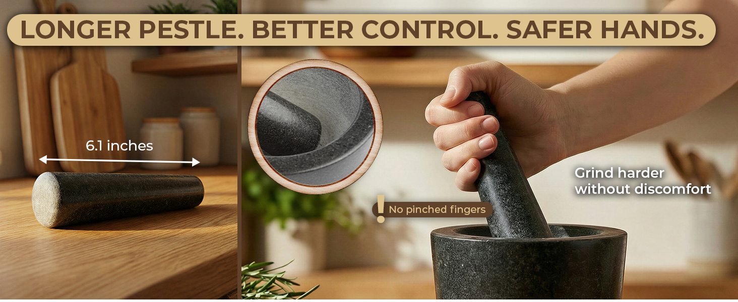 Gramercy Mortar and Pestle Set – Heavy Duty Granite Stone Grinder with Stable Bamboo Base, Extra Long Pestle & Cleaning Brush - Ideal Guacamole Bowl, Herb Grinder & Molcajete Bowl, 1.5-Cup - Custom Image