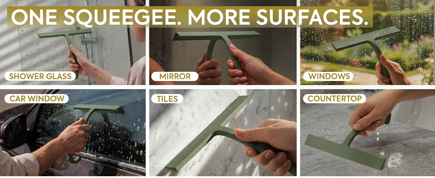 GÜTEWERK Shower Squeegee for Glass Doors – Bathroom Squeegee for Shower Glass & Tile Walls, Streak-Free & No-Squeak Silicone Blade, Stainless Steel Core, Hang Hook + Suction Cup, Green, 10 Inch - Custom Image