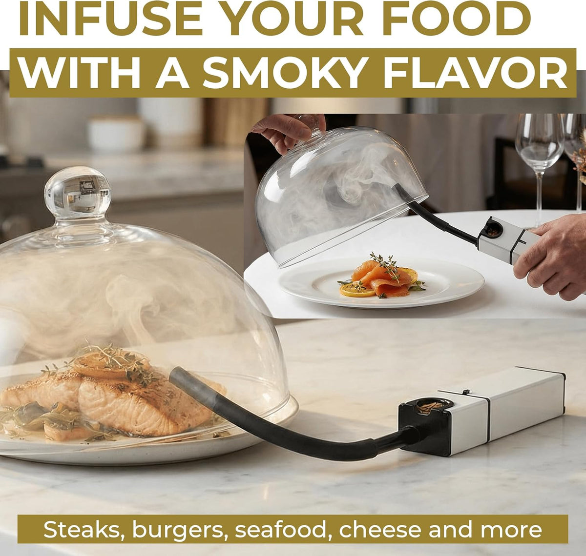 Smoker with injection hose, lid, mesh screens, cleaning brush, rod, chips and storage bag
