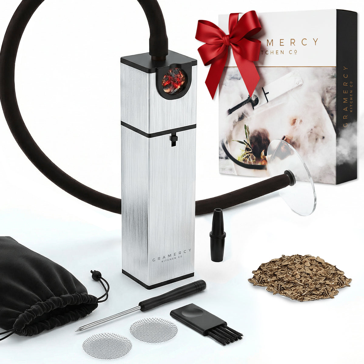 Gramercy cocktail smoker kit in brushed aluminium with hose, wood chips and accessories